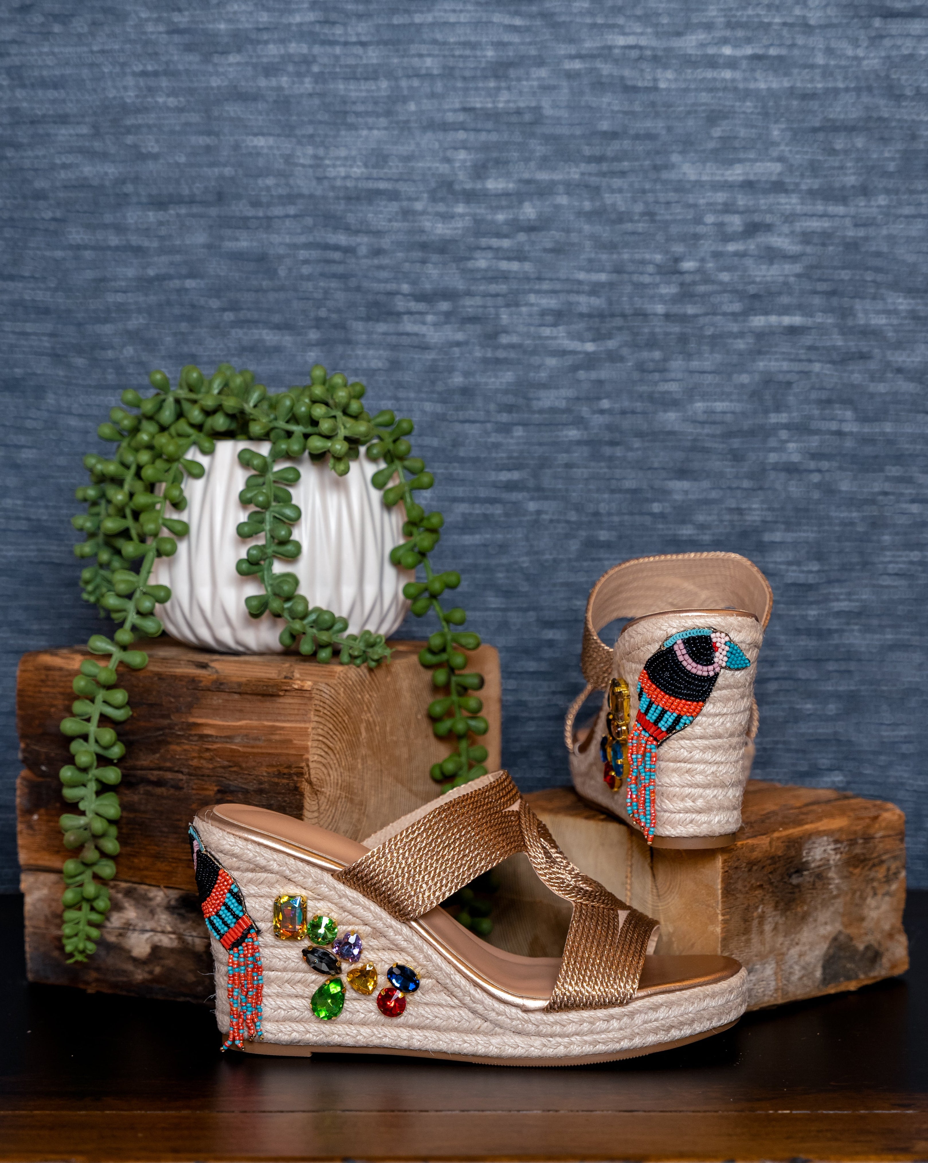 Tropical Parrot Beaded Wedge Sandals