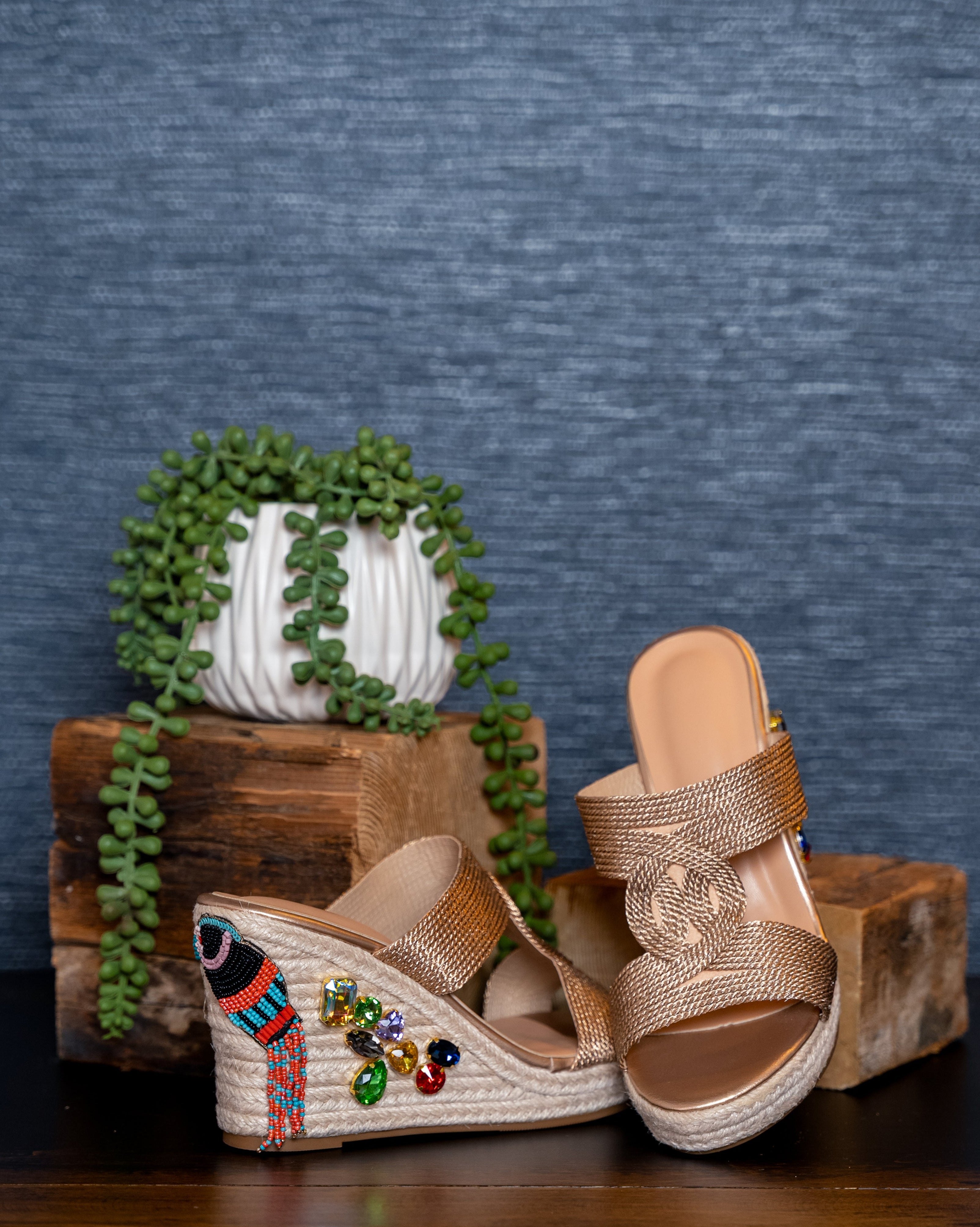 Tropical Parrot Beaded Wedge Sandals