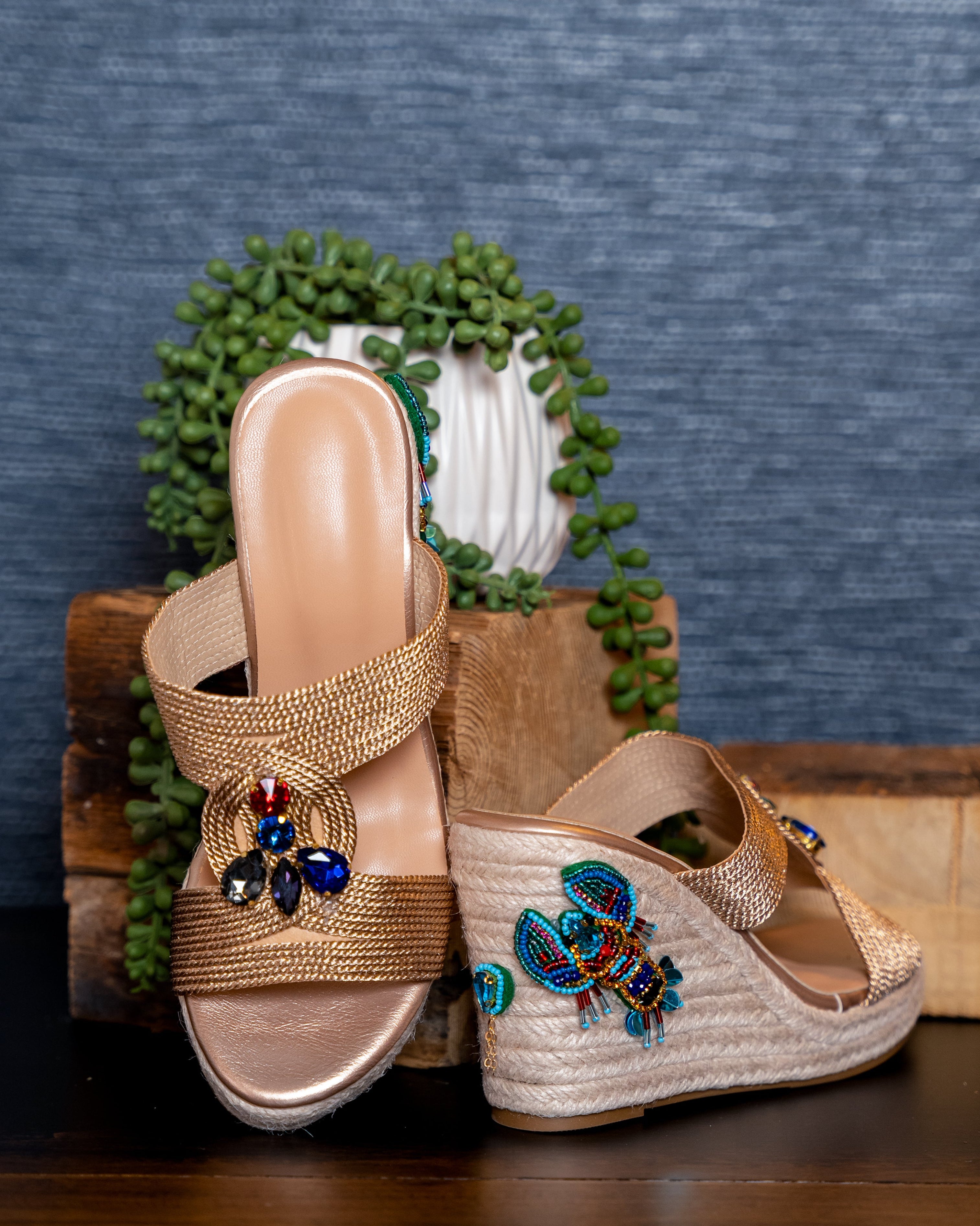 Golden Tropic Beaded Wedge Sandals
