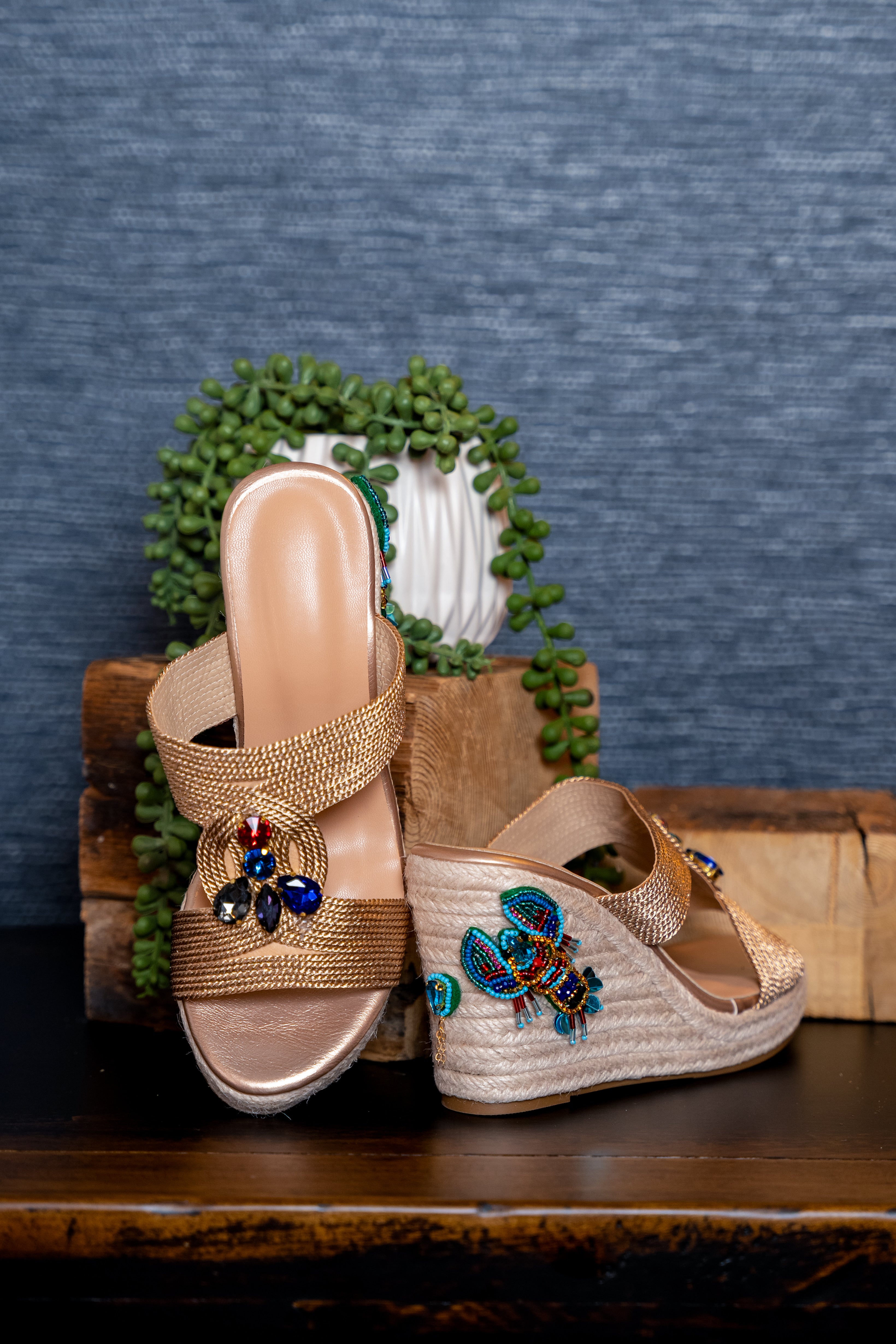 Golden Tropic Beaded Wedge Sandals