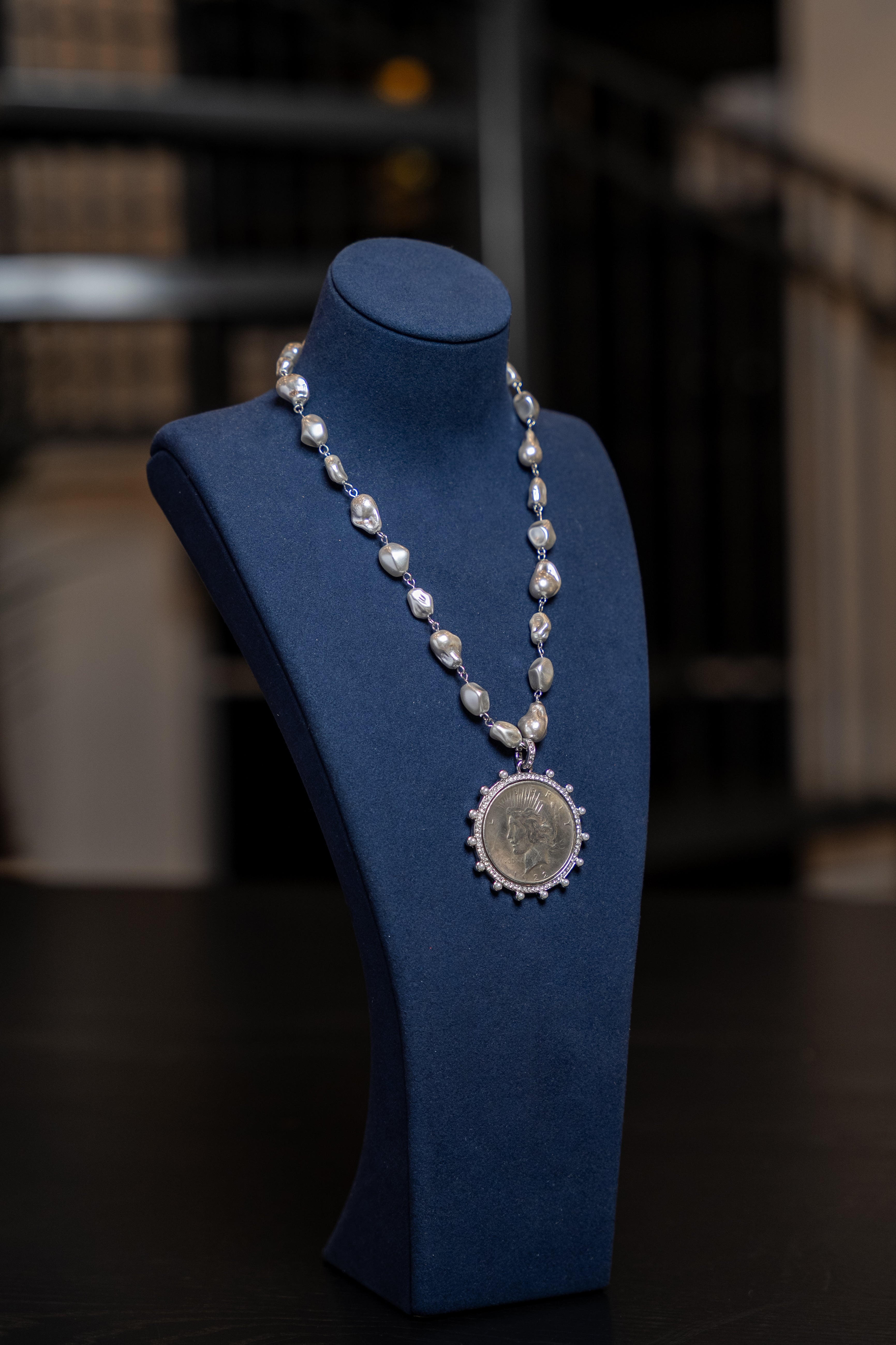 Silver Peace Coin Pearl Necklace