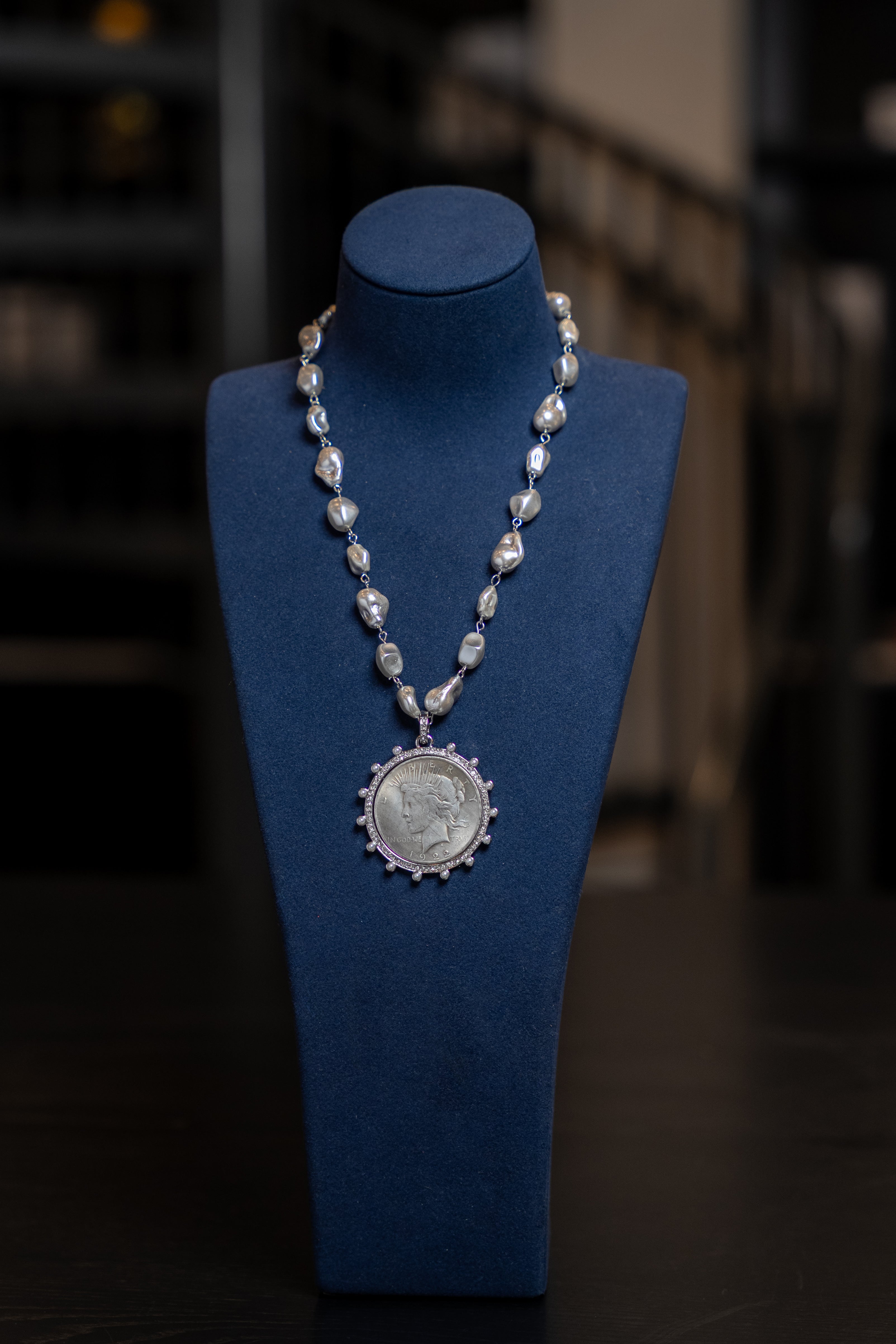 Silver Peace Coin Pearl Necklace