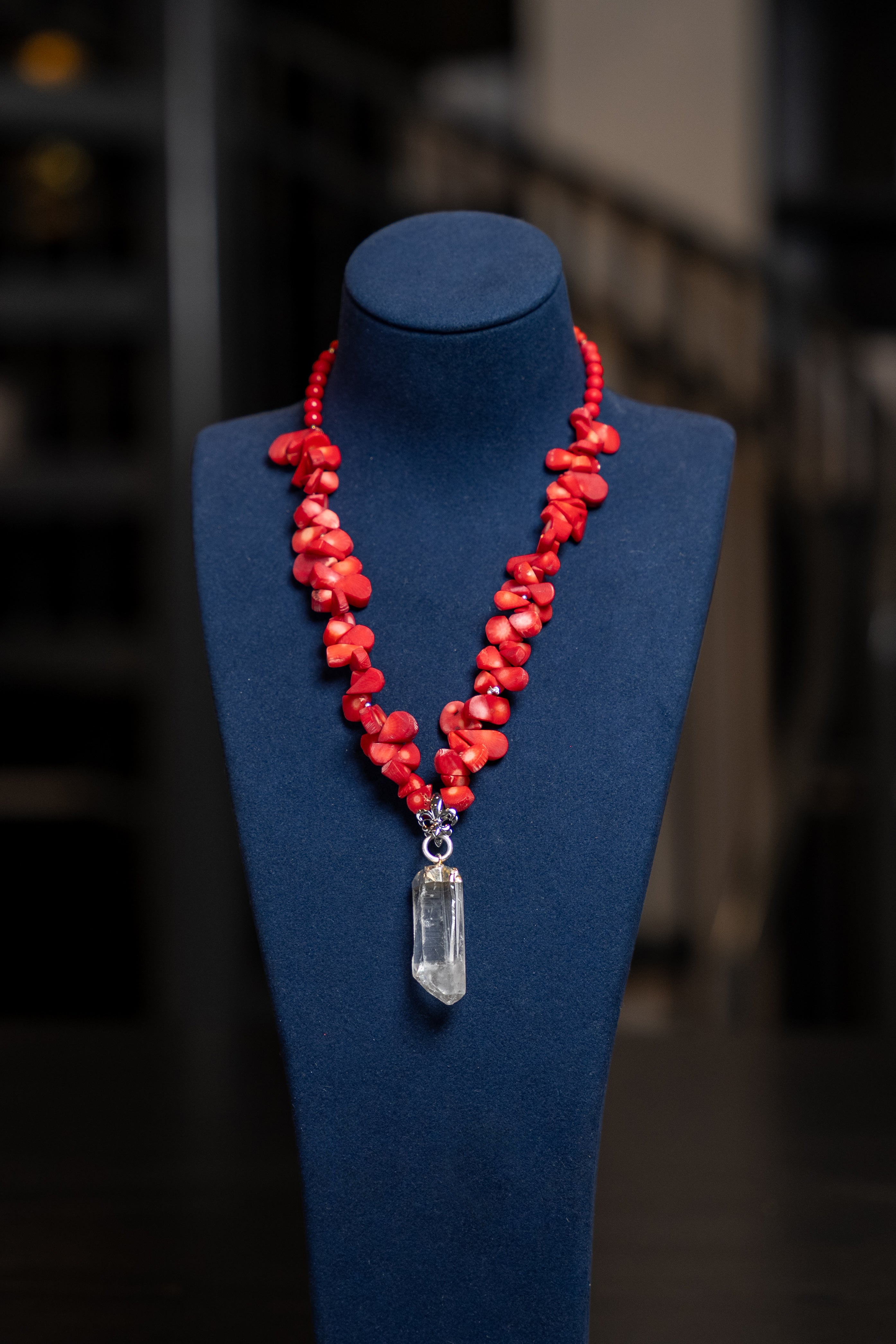 Coral & Clear Quartz Drop Necklace