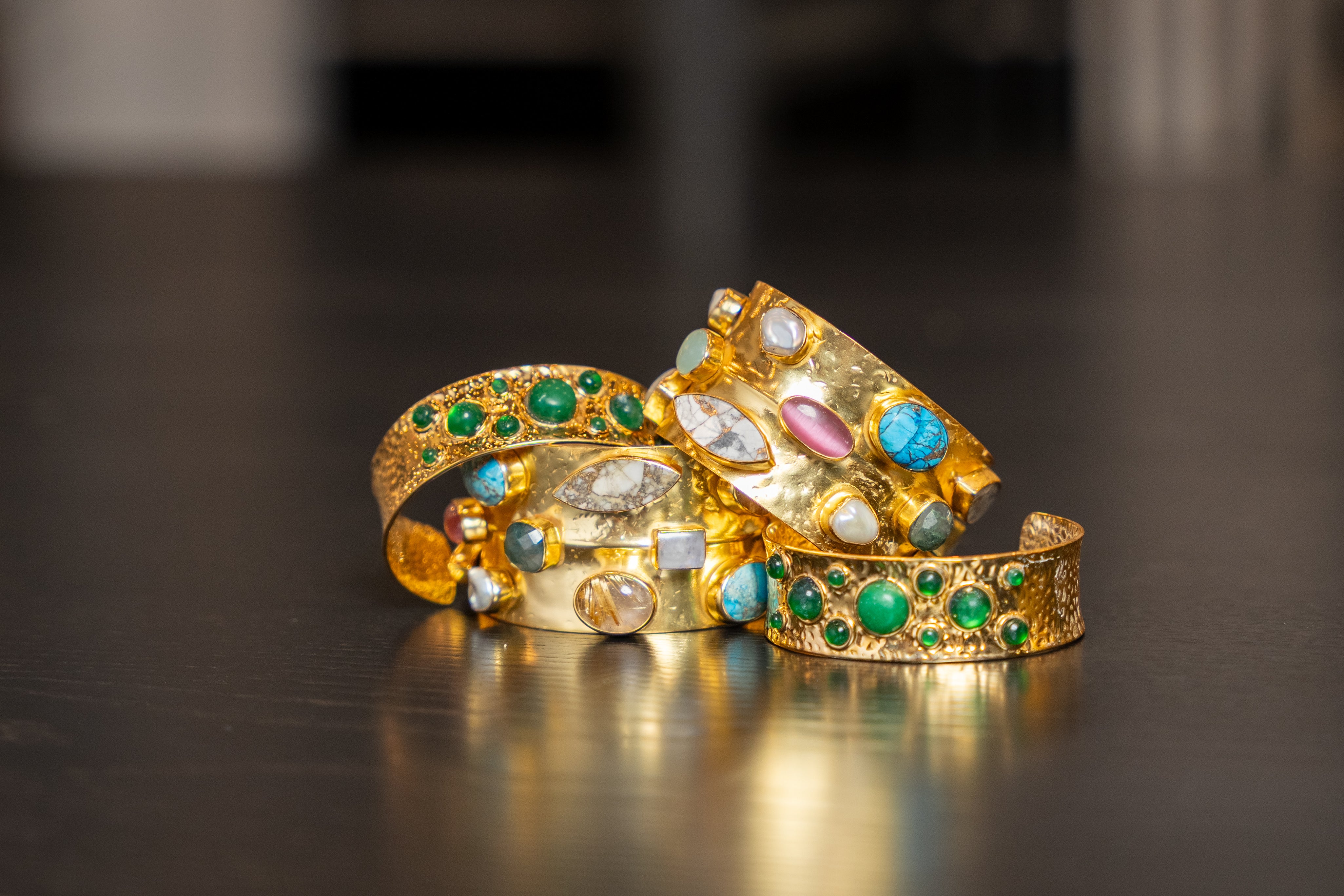 Emerald and Gold Hammered Cuff  Bracelet