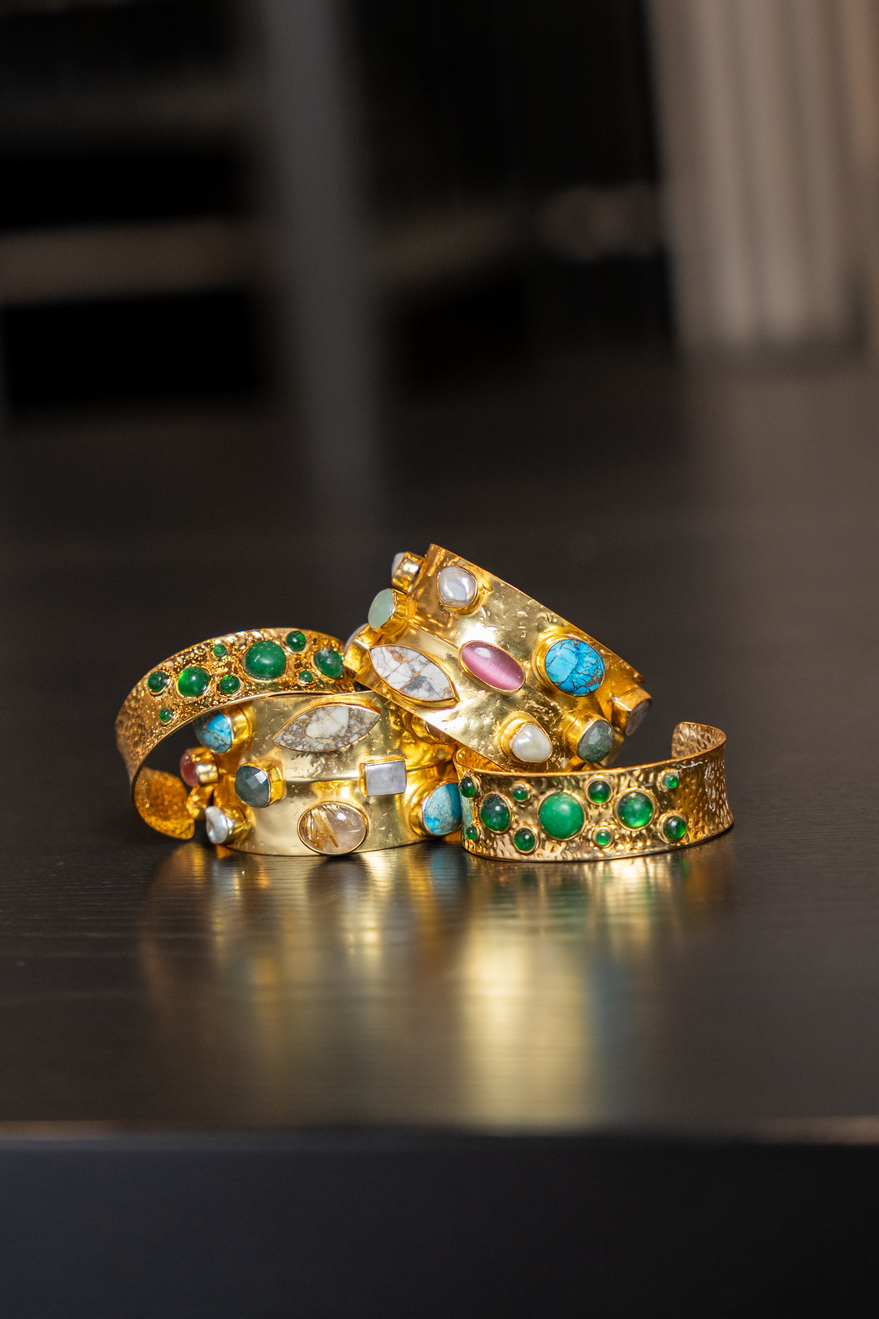 Emerald and Gold Hammered Cuff  Bracelet