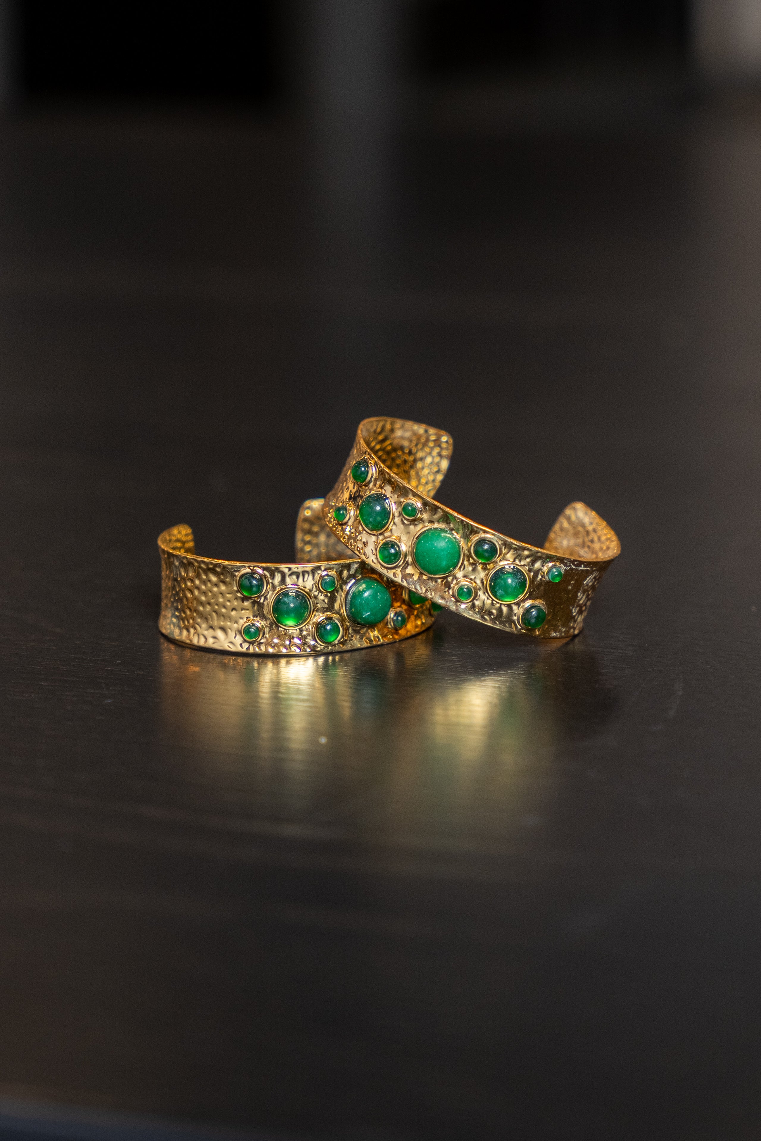 Emerald and Gold Hammered Cuff  Bracelet