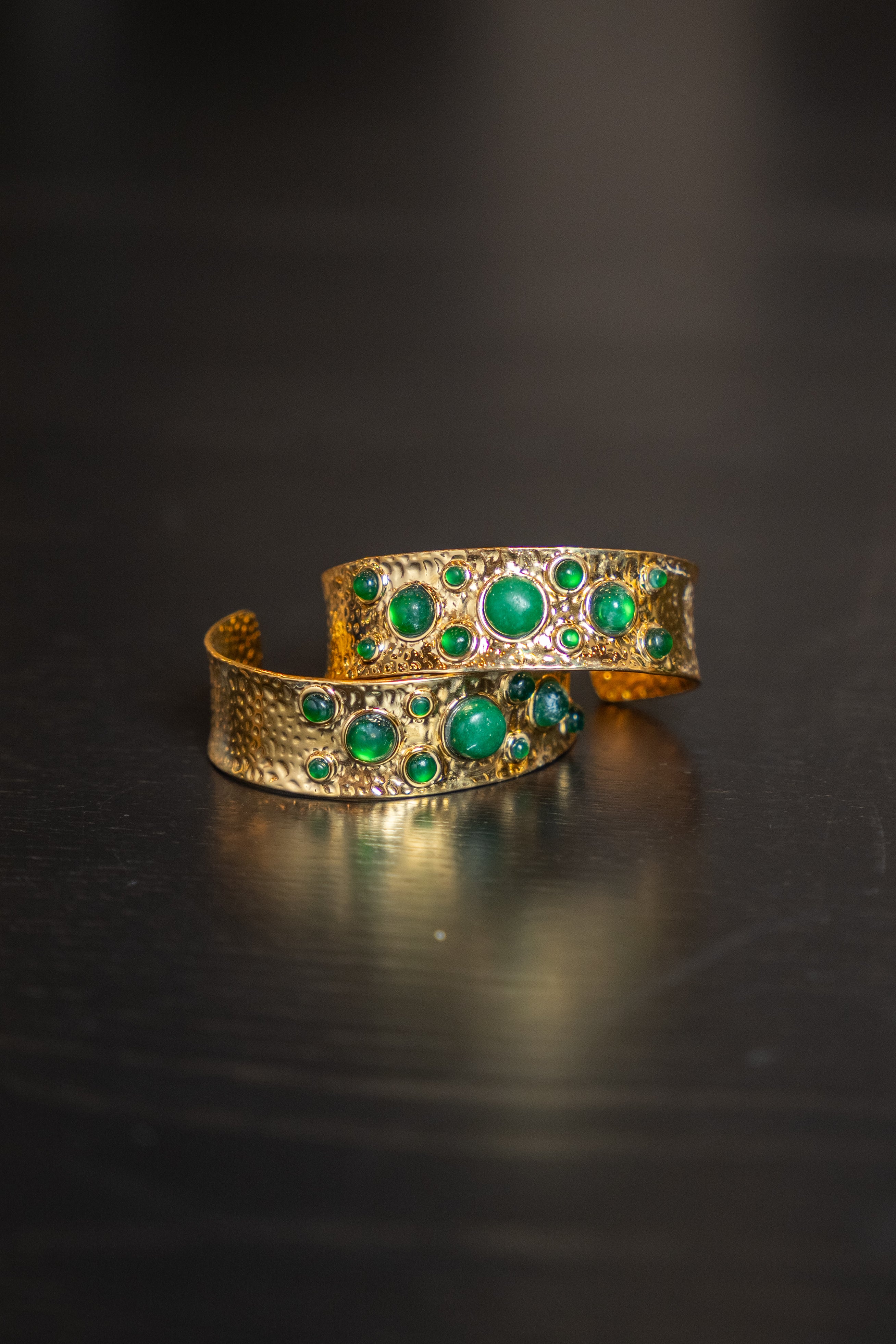 Emerald and Gold Hammered Cuff  Bracelet