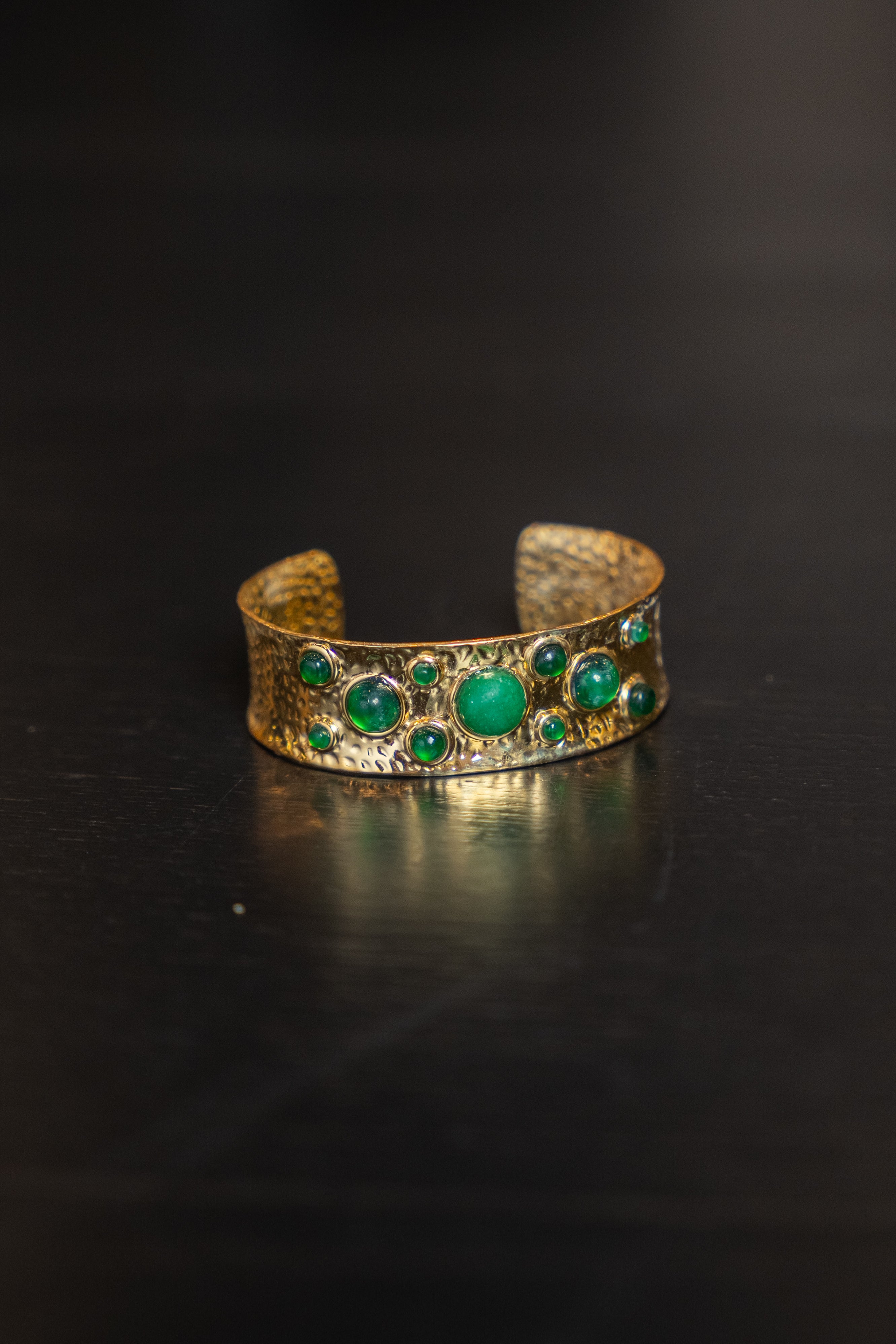 Emerald and Gold Hammered Cuff  Bracelet