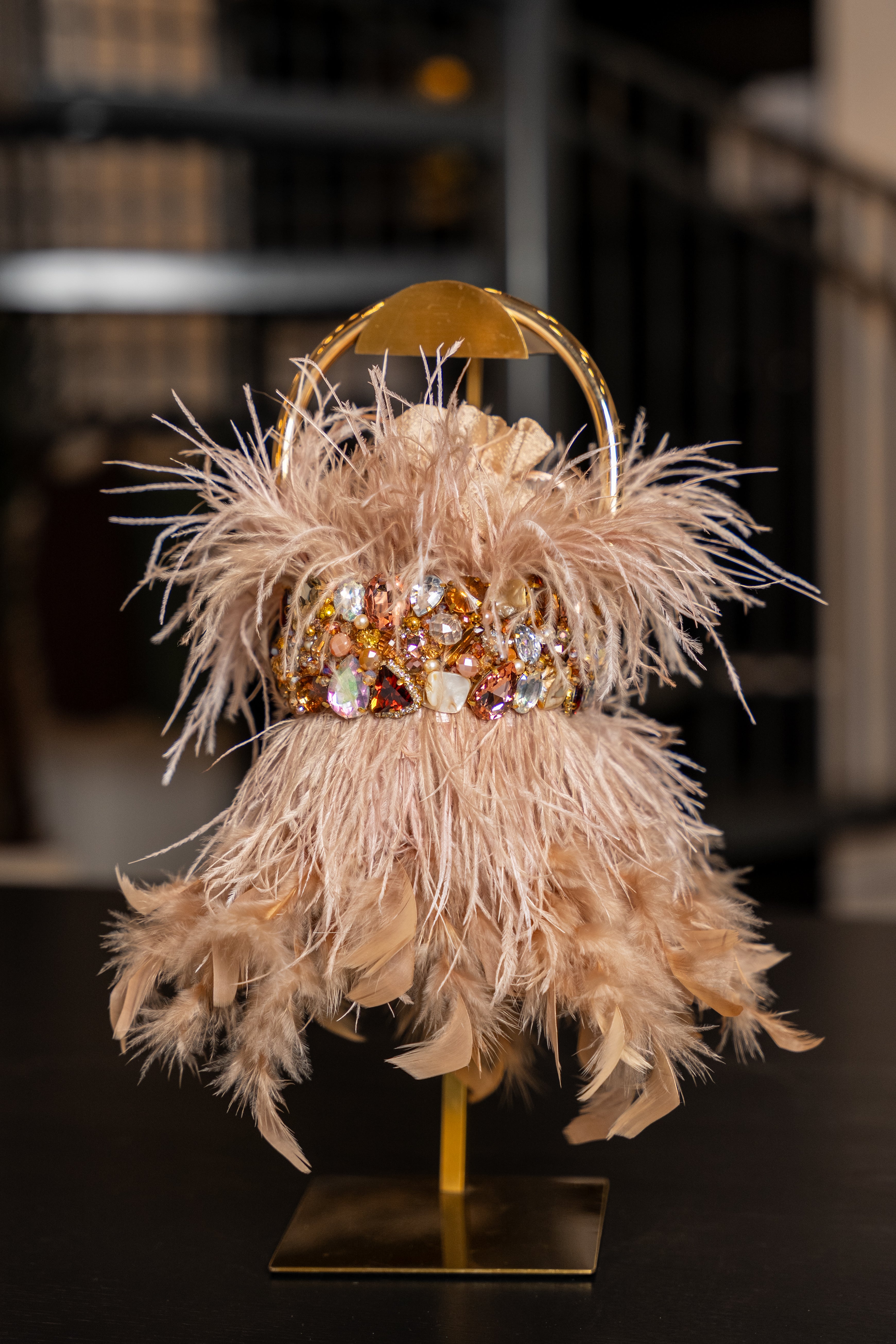 Champagne Feather Embellished Mini Bag