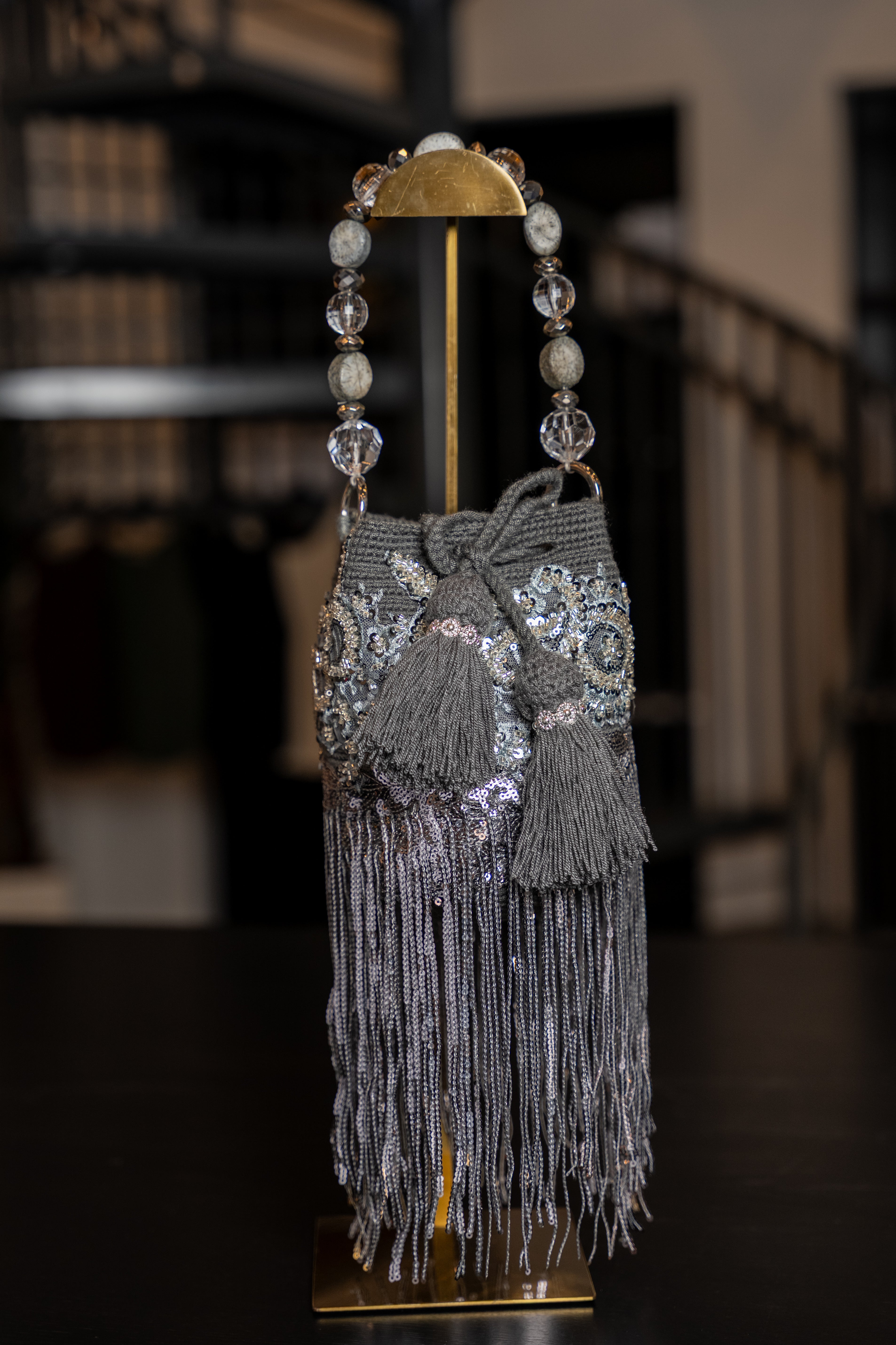 Silver Fringe Beaded Mini Bag
