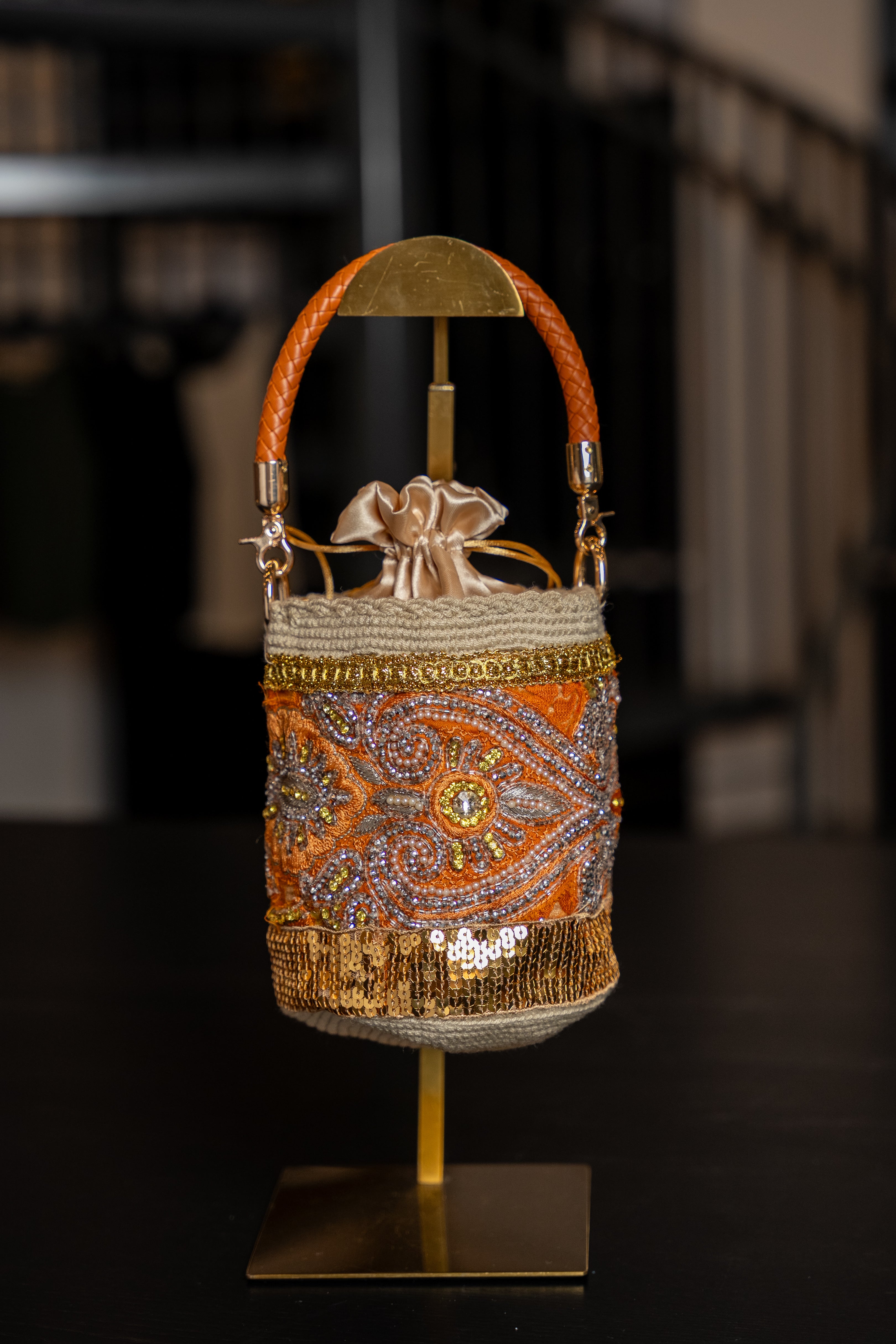 Amber Embroidered Mini Bag with Leather Handle
