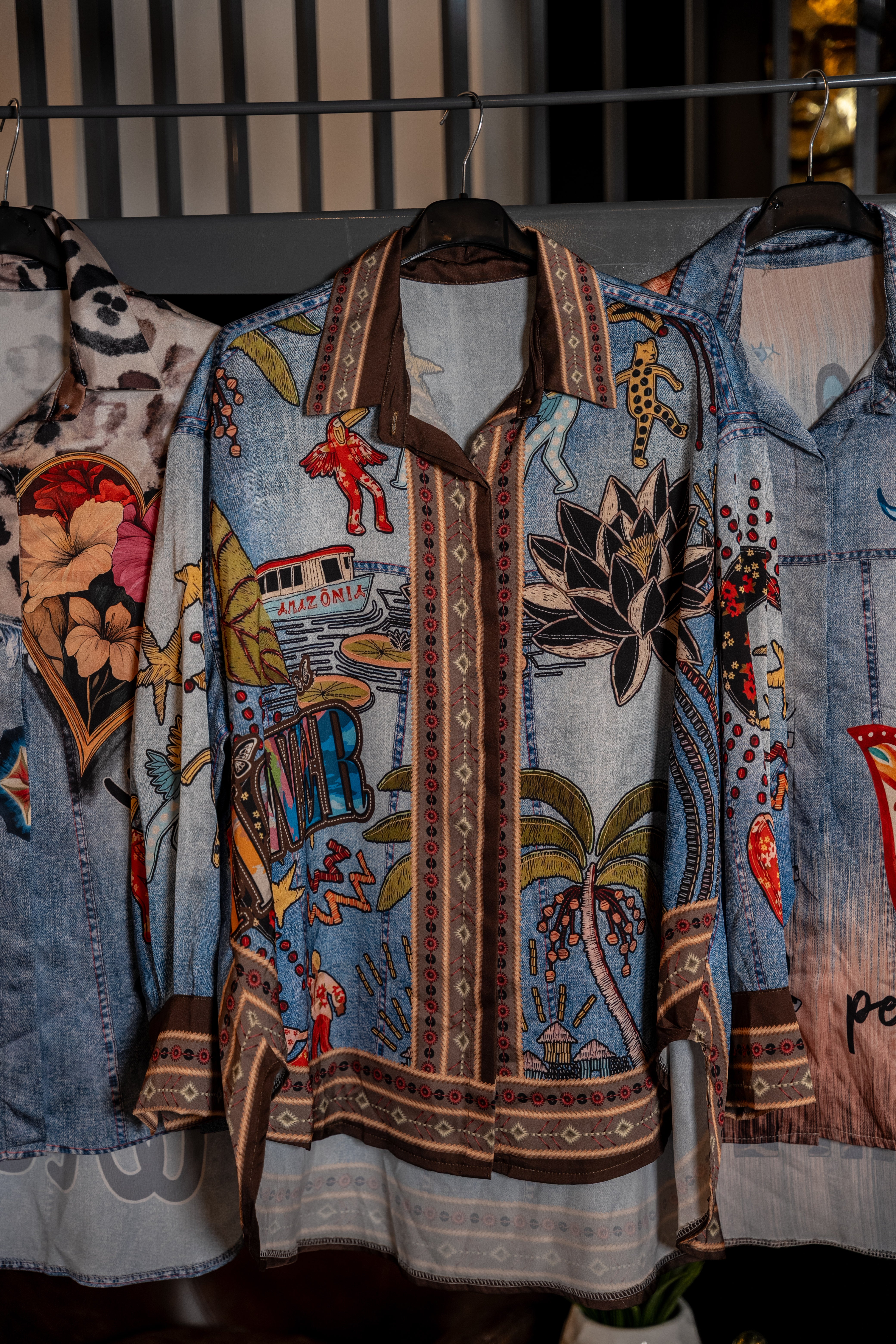 Mixed Print Button-Down Blouse