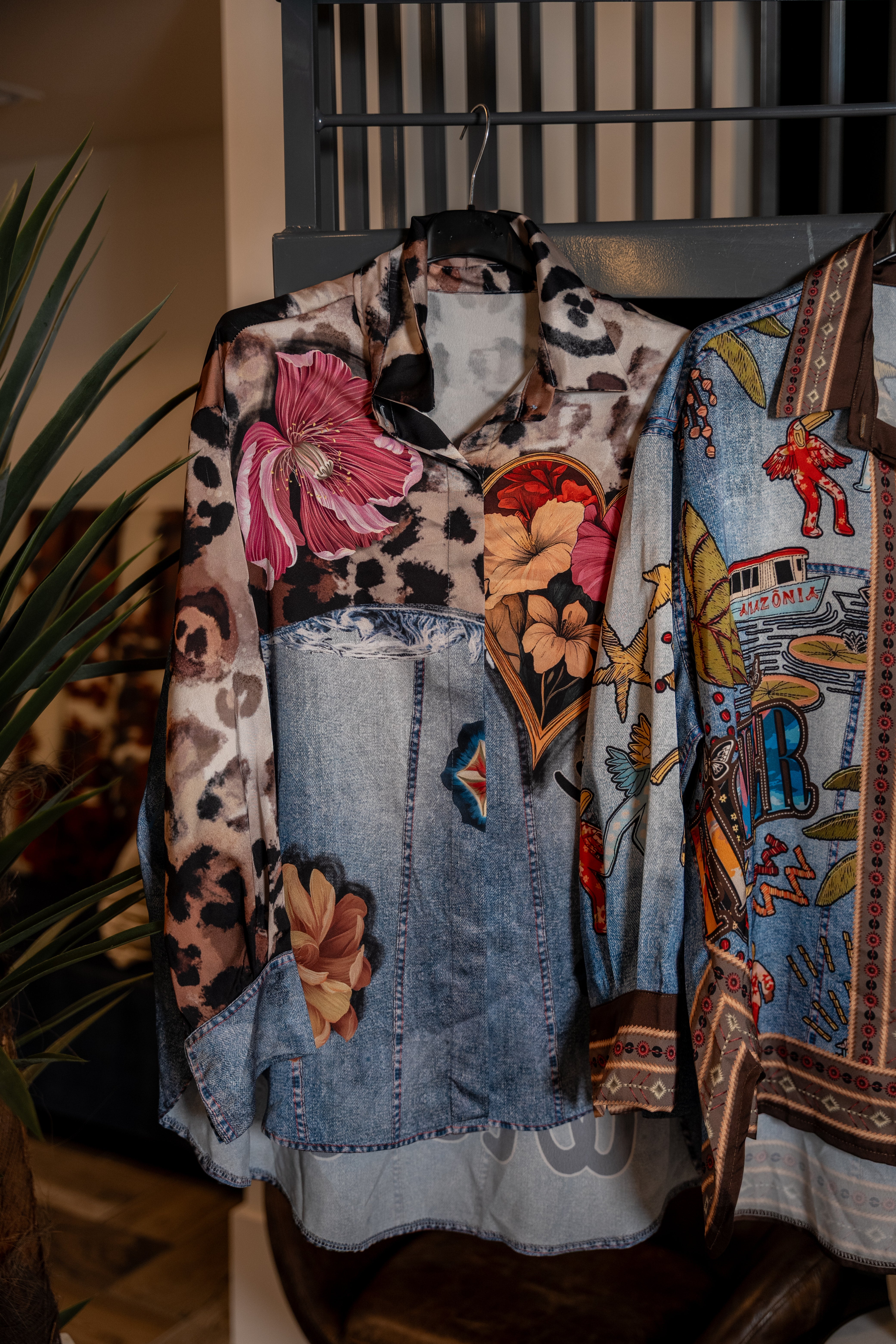 Mixed Print Button-Down Blouse