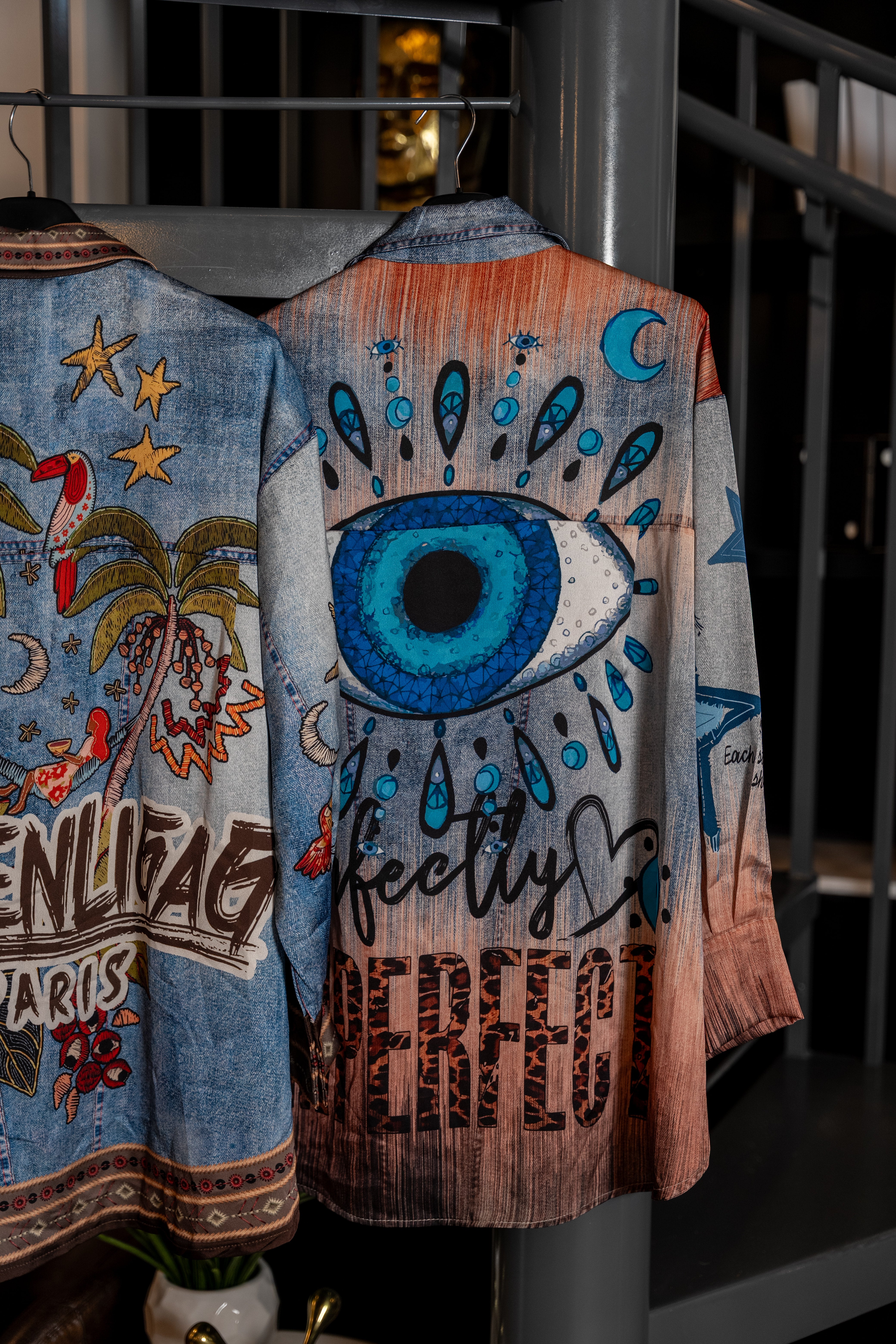 Mixed Print Button-Down Blouse