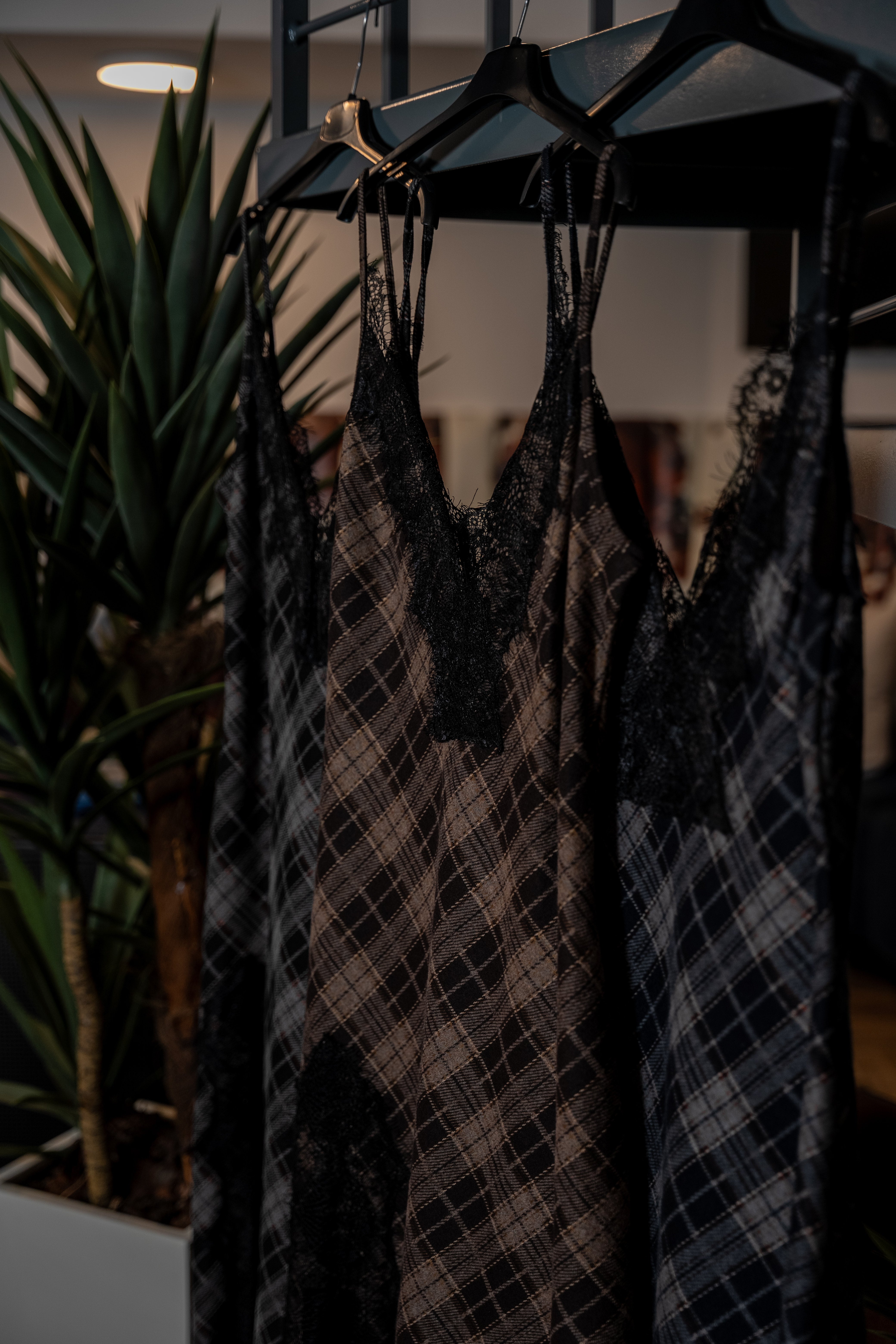 Plaid Lace-Trim Slip Dress