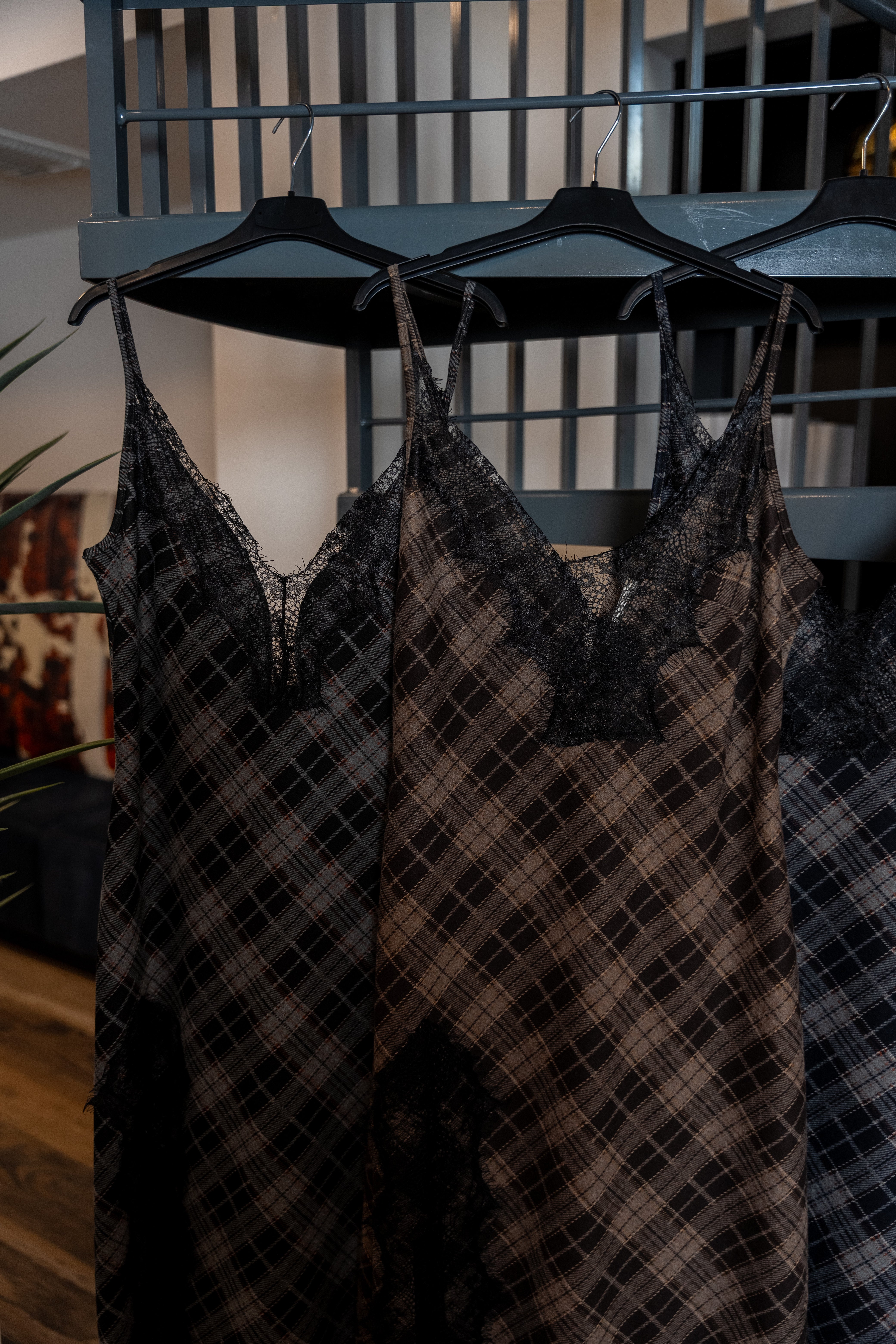 Plaid Lace-Trim Slip Dress