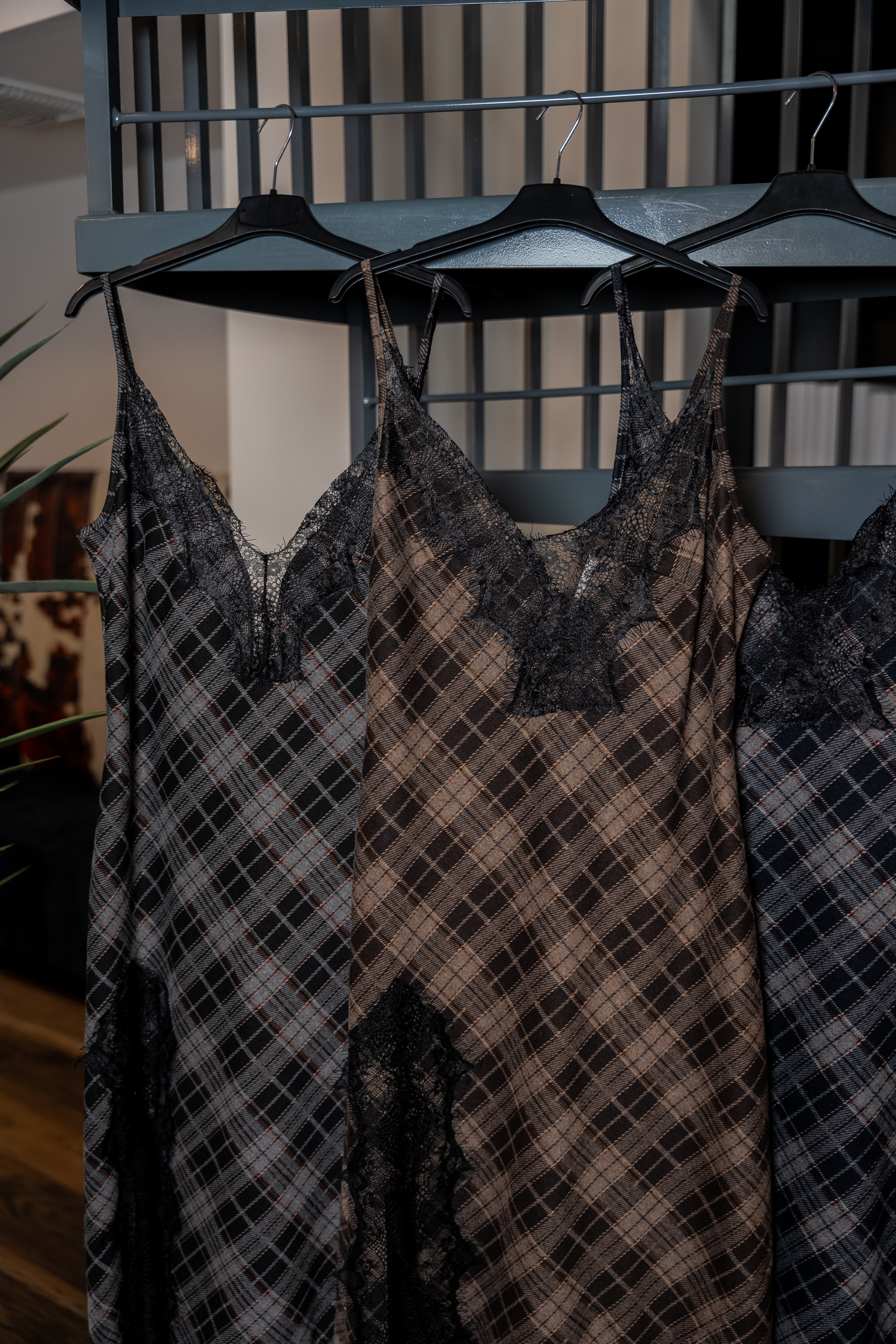 Plaid Lace-Trim Slip Dress