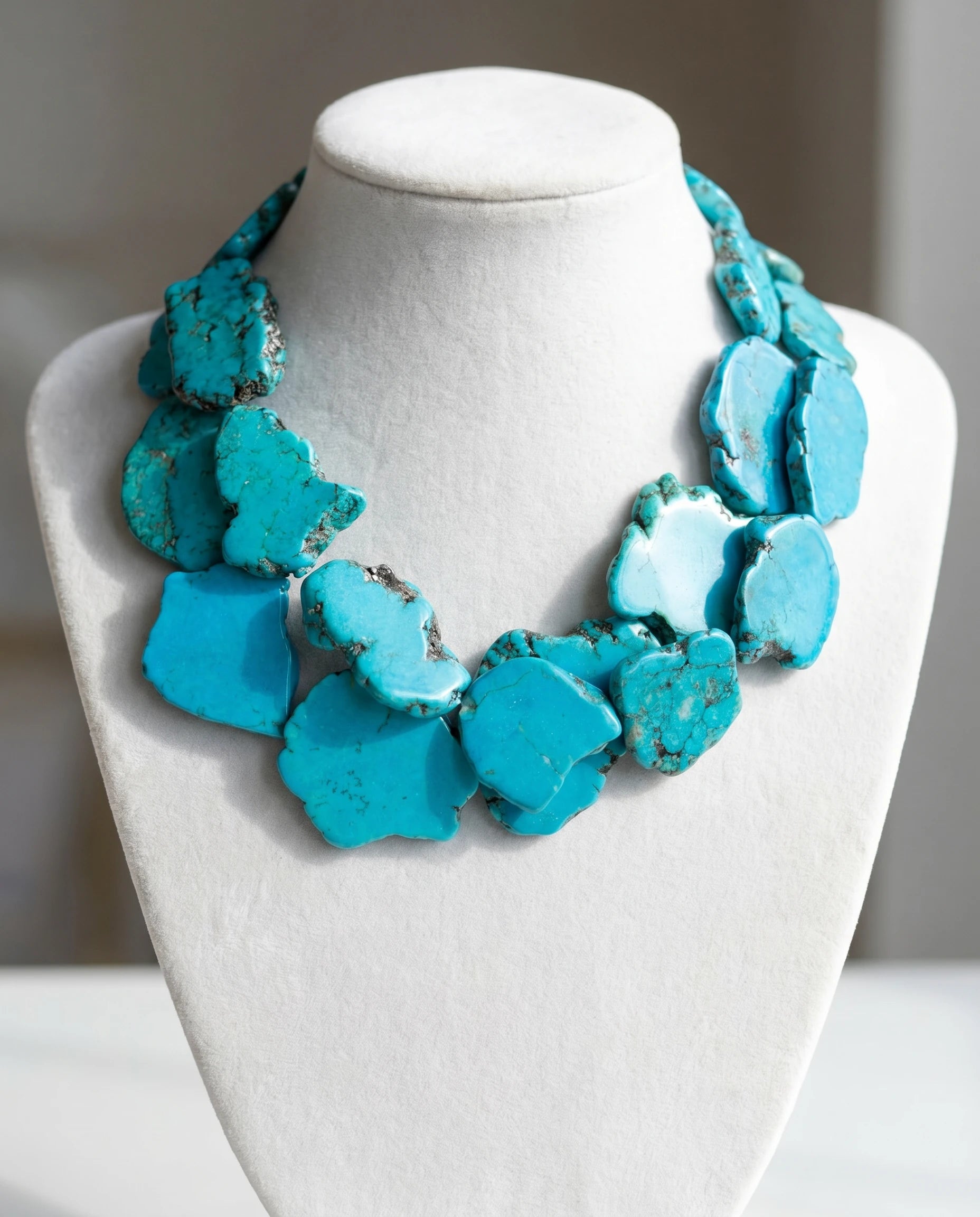 Turquoise necklace on a mannequin bust against a neutral background