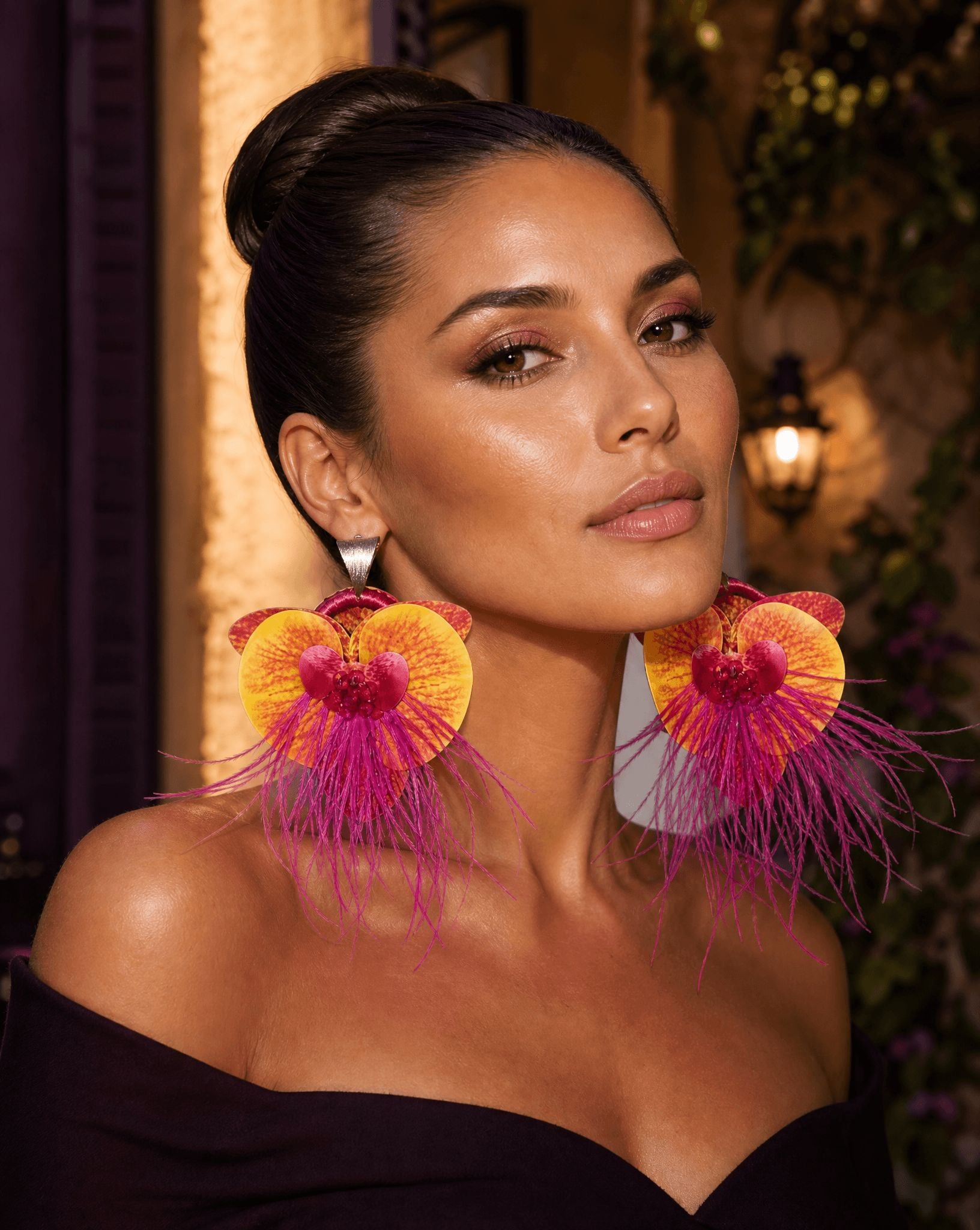 Sunburst Orchid Feather Statement Earrings
