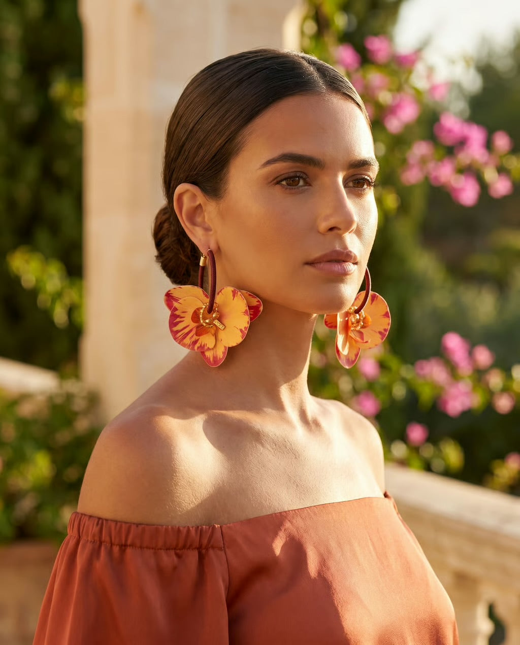 Sunset-toned orchid statement earrings