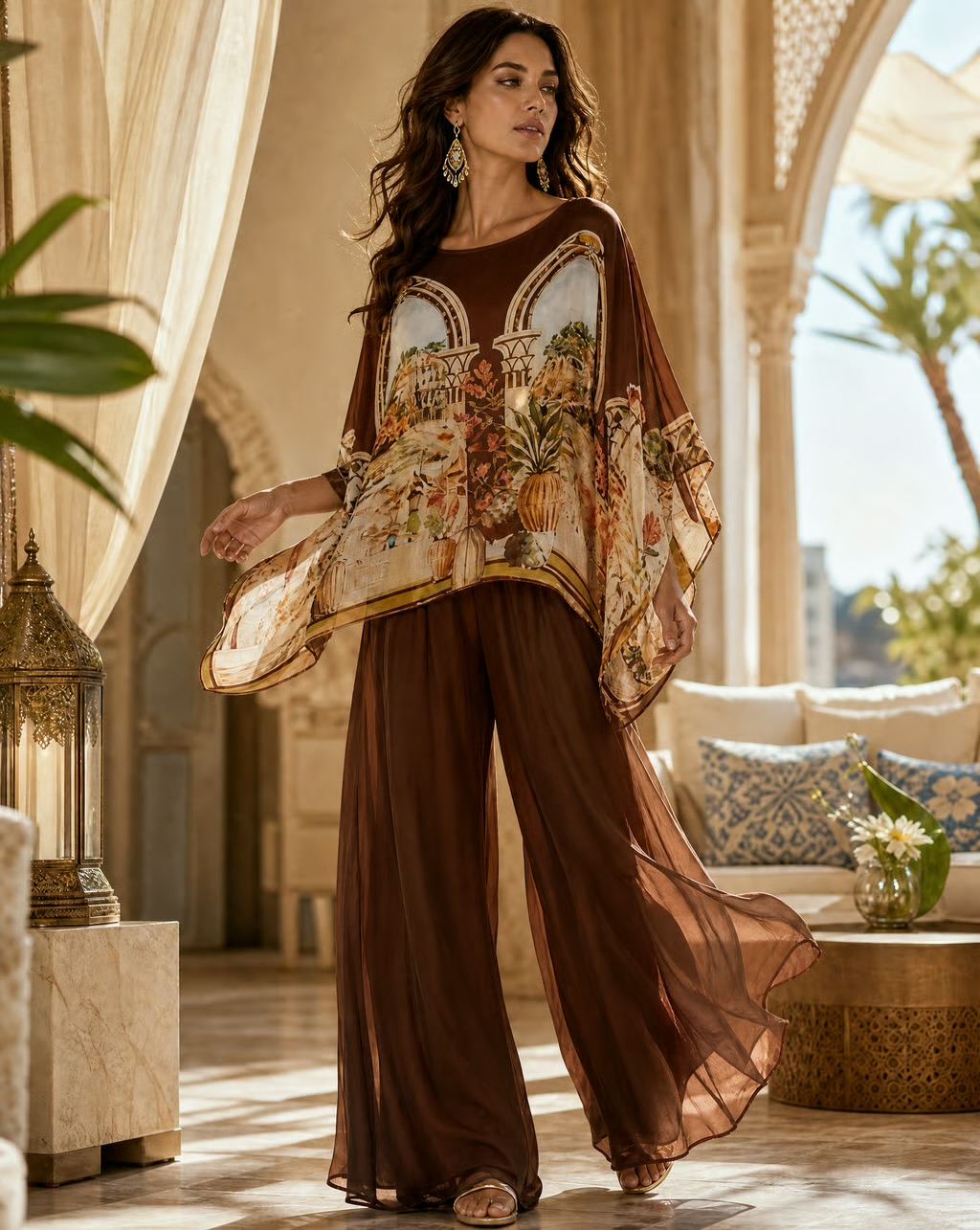 A woman models a two-piece outfit consisting of a brown long-sleeve top with a detailed multicolor landscape print and matching brown wide-leg pants, set against an elegant, sunlit architectural background.
