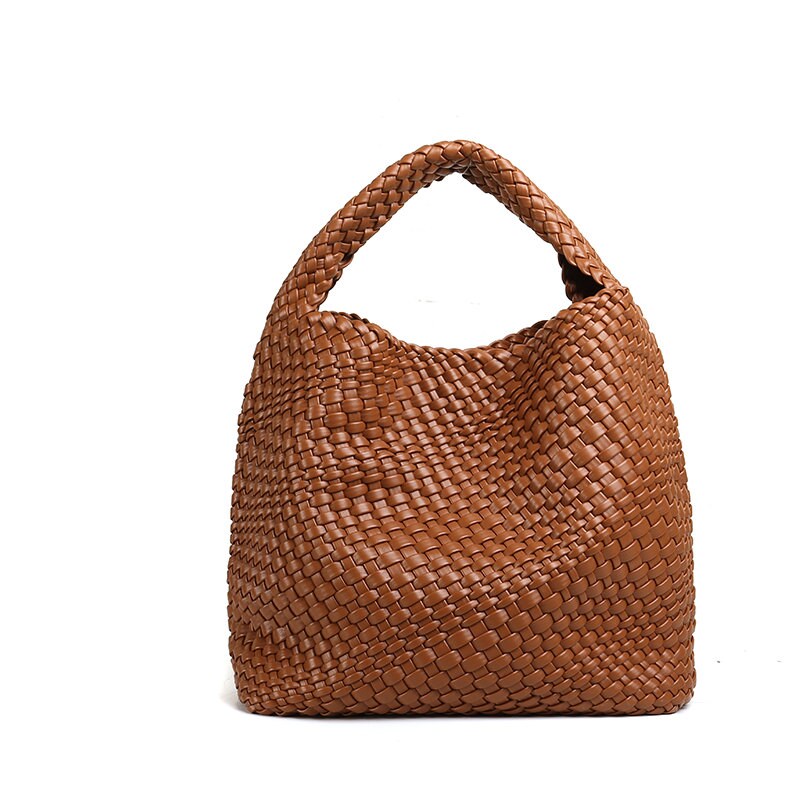 Caramel Woven Vegan Leather Shoulder Tote Bag