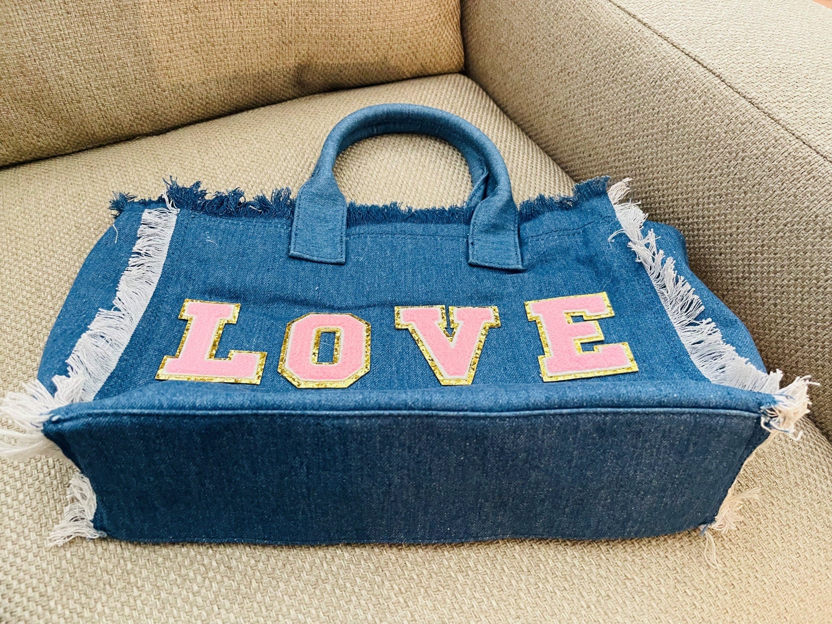 Denim Jean Tote LOVE in White