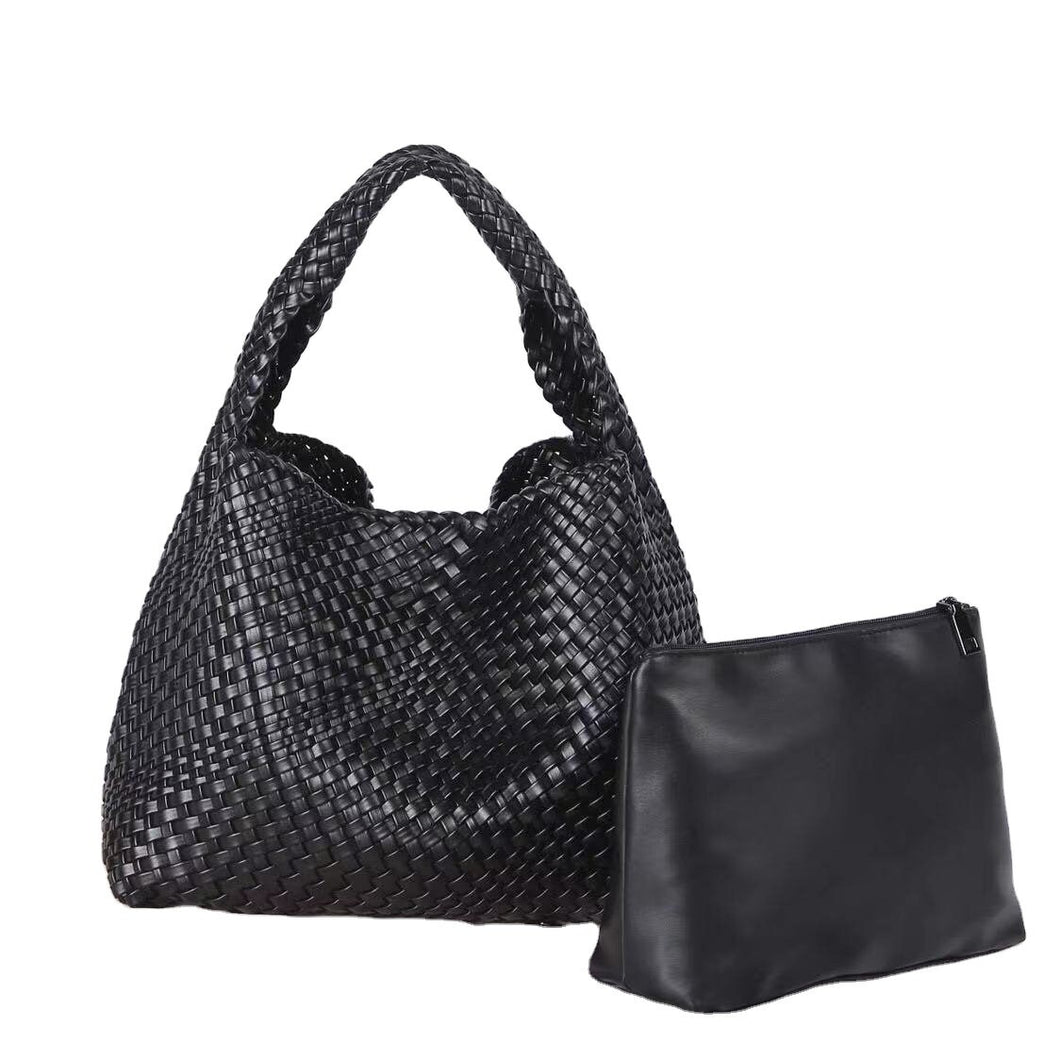 Woven Vegan Leather Black Bag