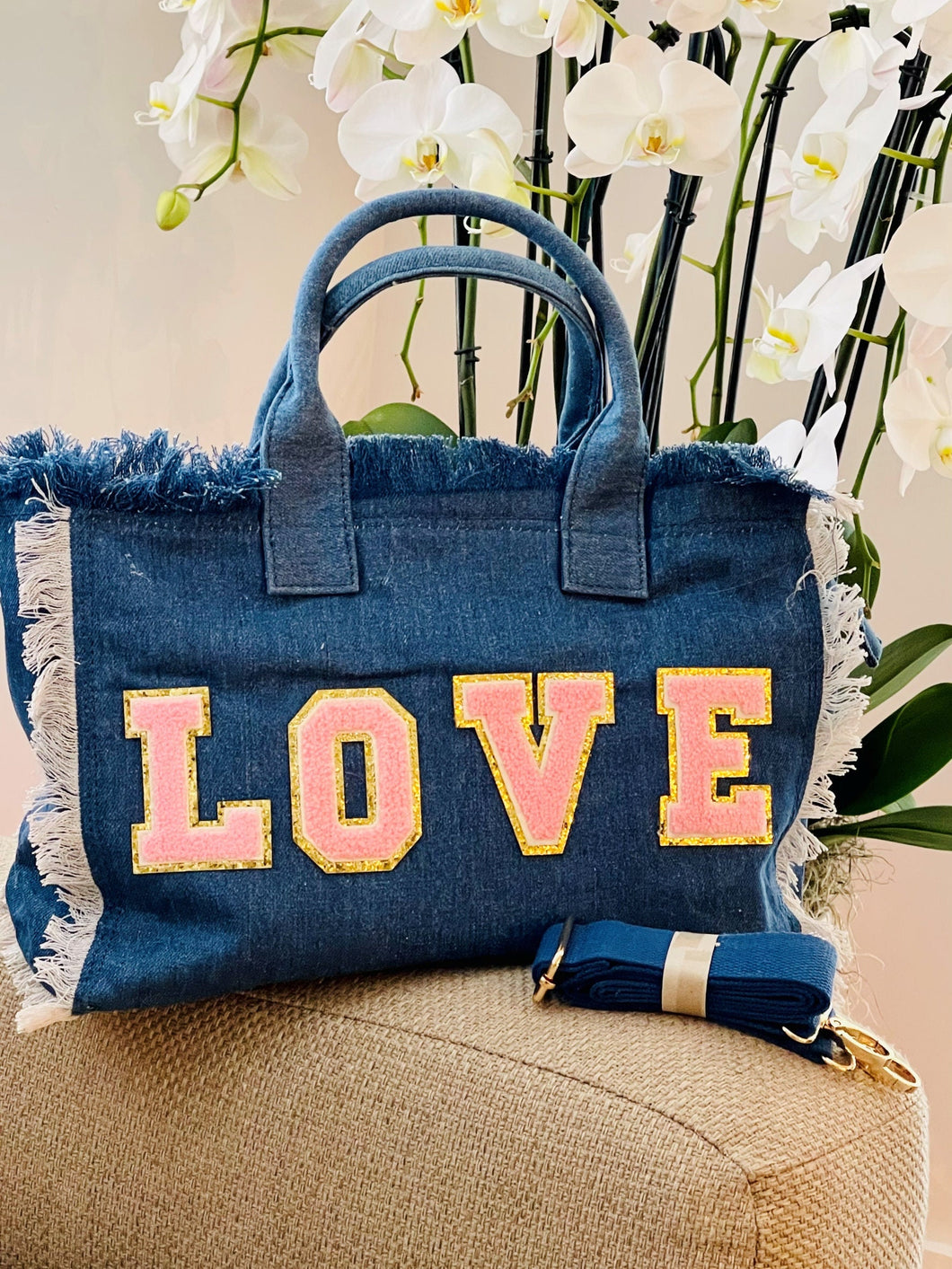 Denim Jean Tote LOVE in White