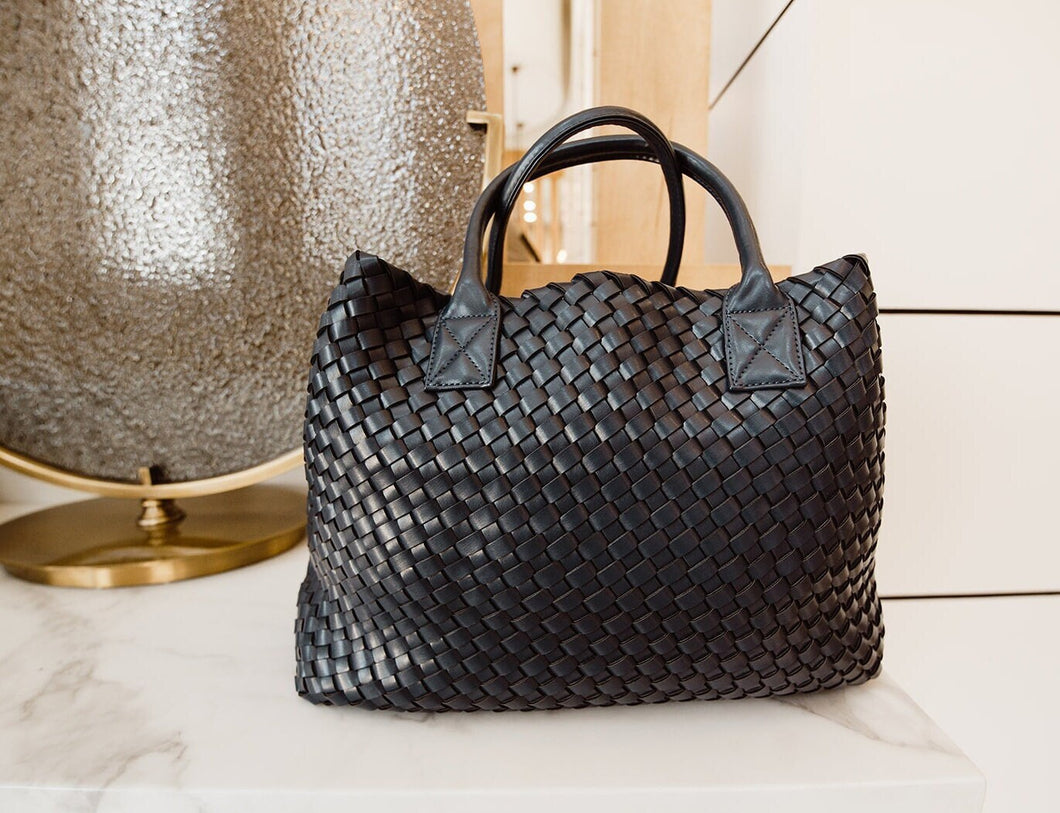 Woven Vegan Leather Bag Tote Black