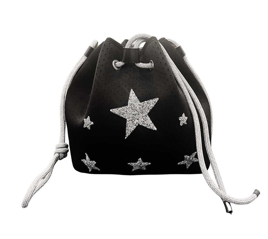 BUCKET TOTE Bag Black Silver Stars