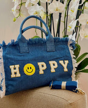 Load image into Gallery viewer, Denim Jean Tote,  HAPPY in WHITE
