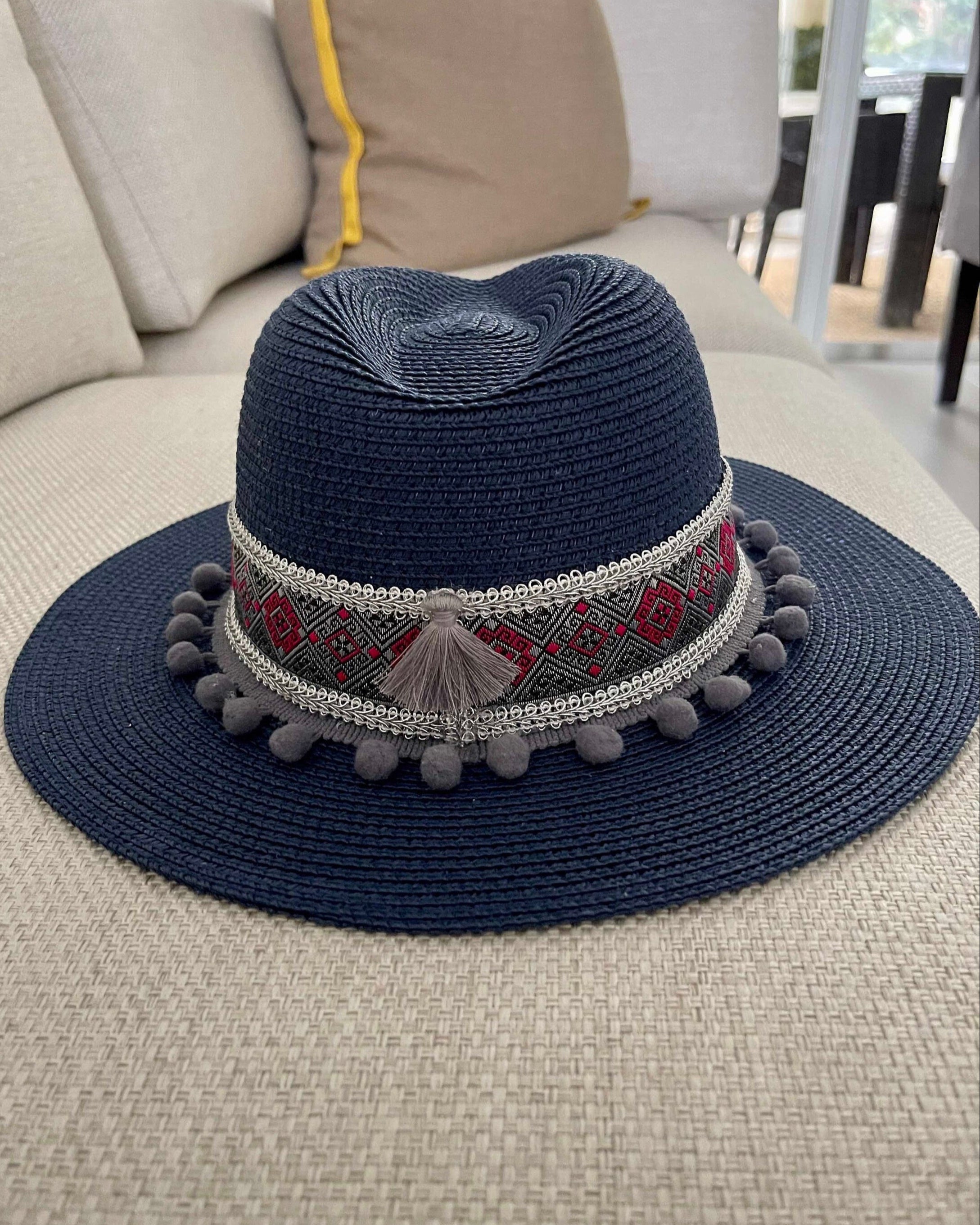 Navy Blue Straw Hat  Angel Wing