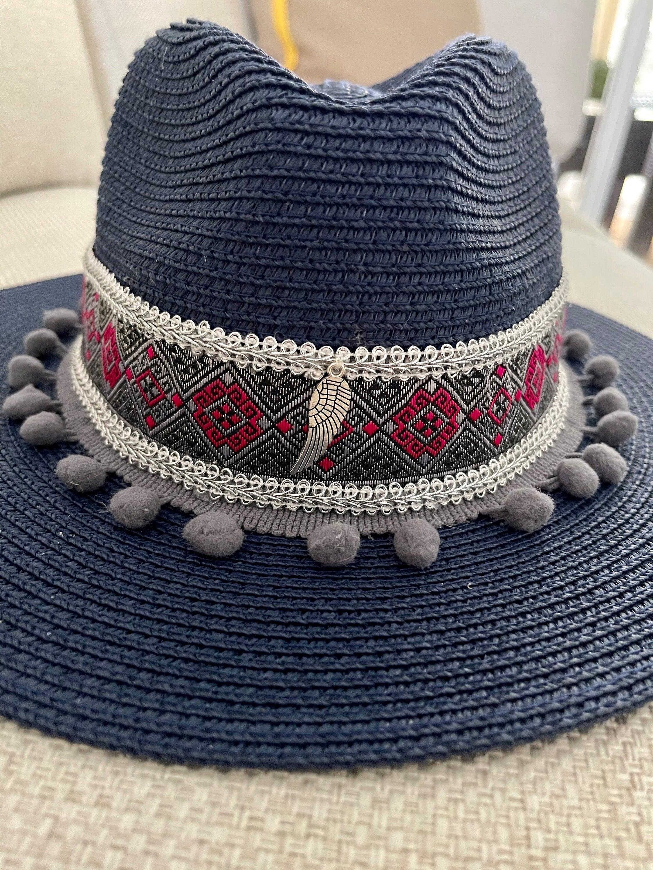 Navy Blue Straw Hat  Angel Wing