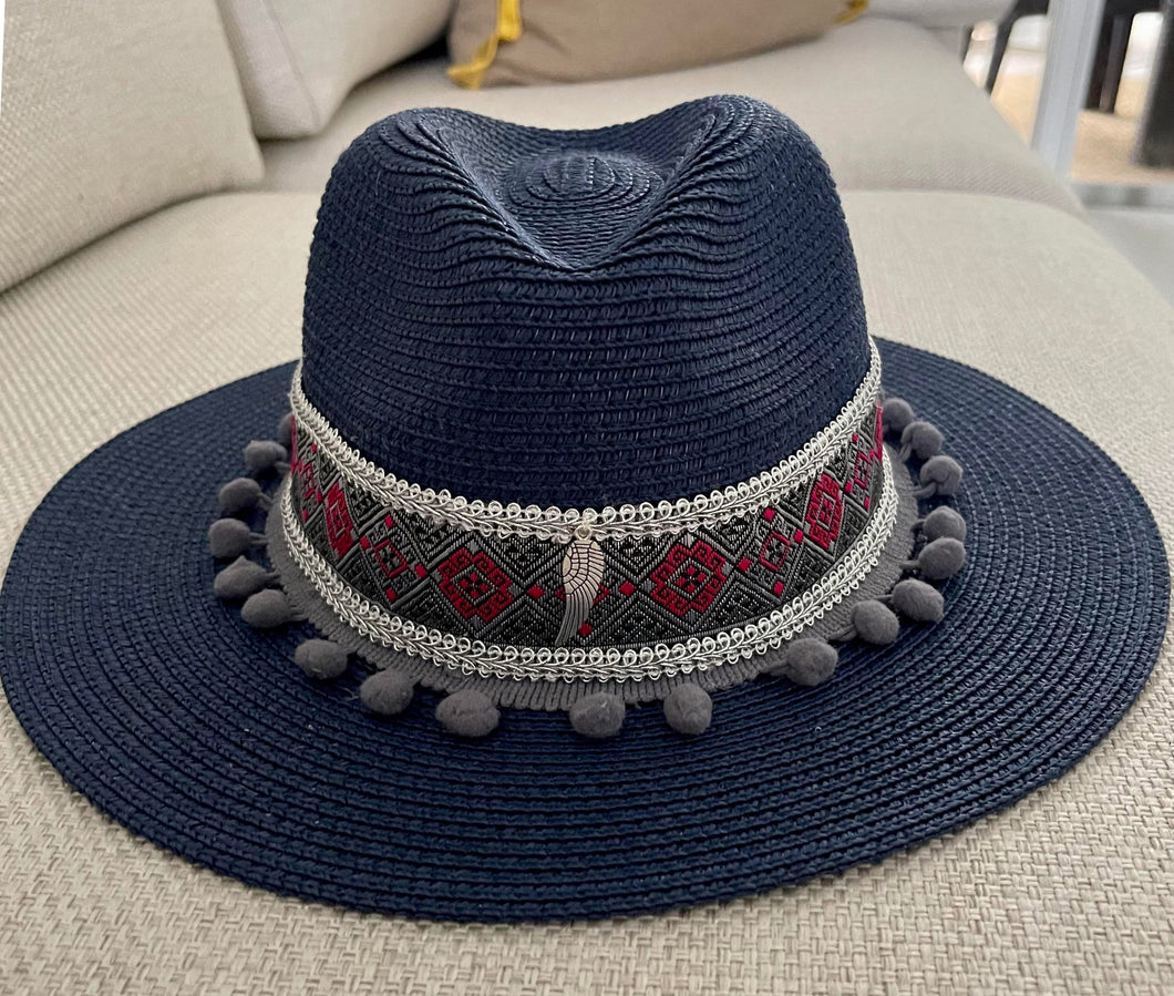 Navy Blue Straw Hat  Angel Wing