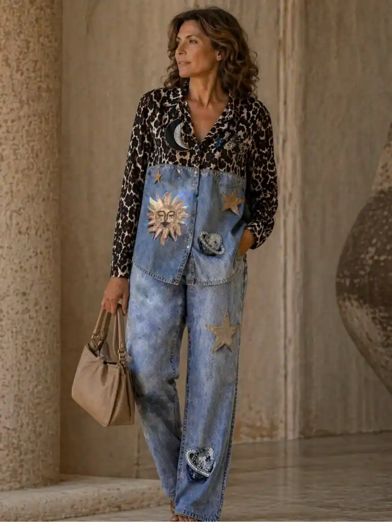 Leopard & Denim Embellished Set
