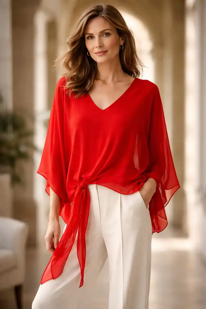 Flowy Chiffon V-Neck Top with Tie Detail