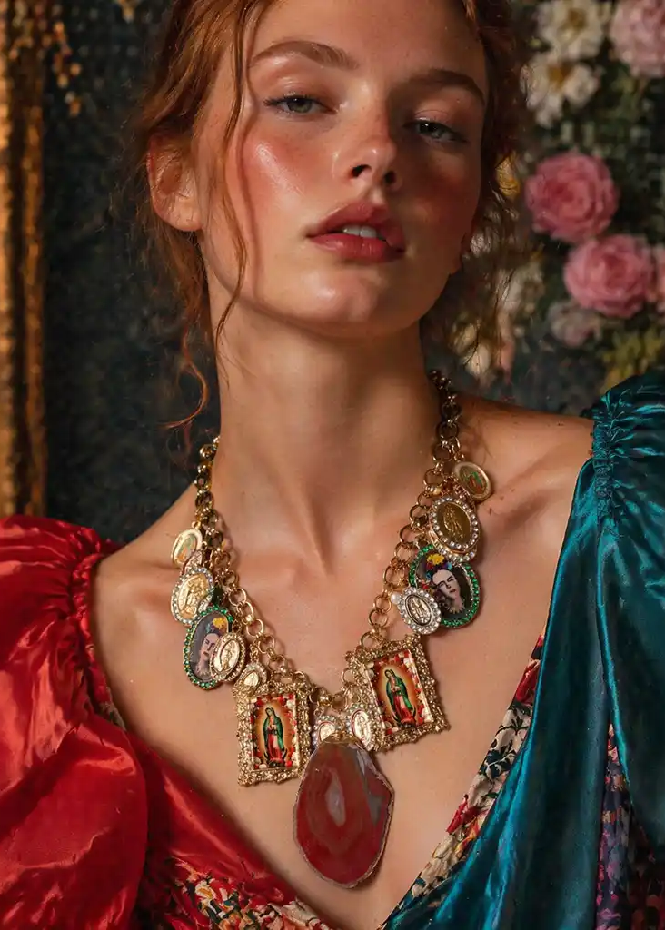 Gold medallion necklace with agate stone