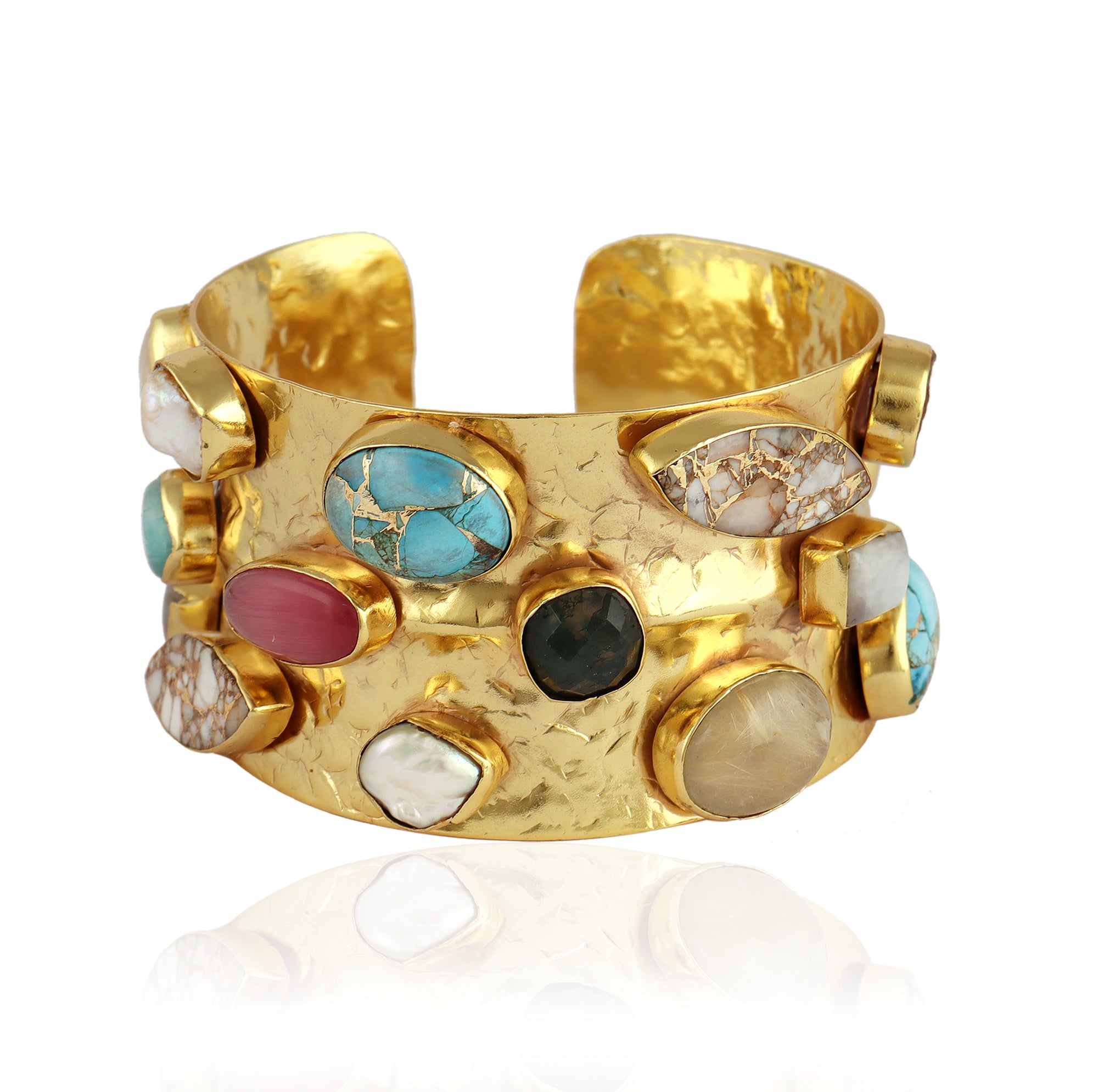 Multi-Stone Hammered Gold Cuff Bracelet