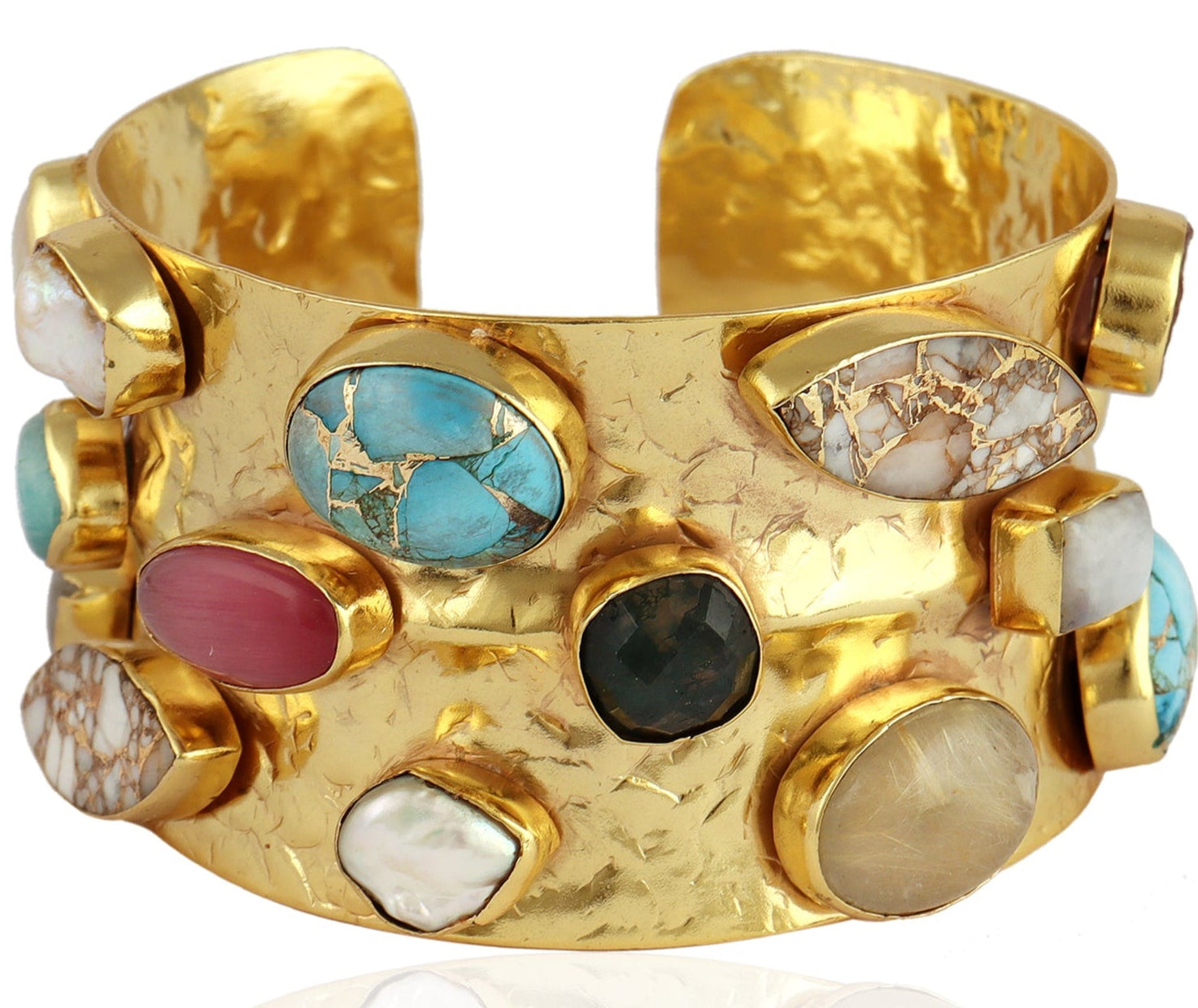 Multi-Stone Hammered Gold Cuff Bracelet