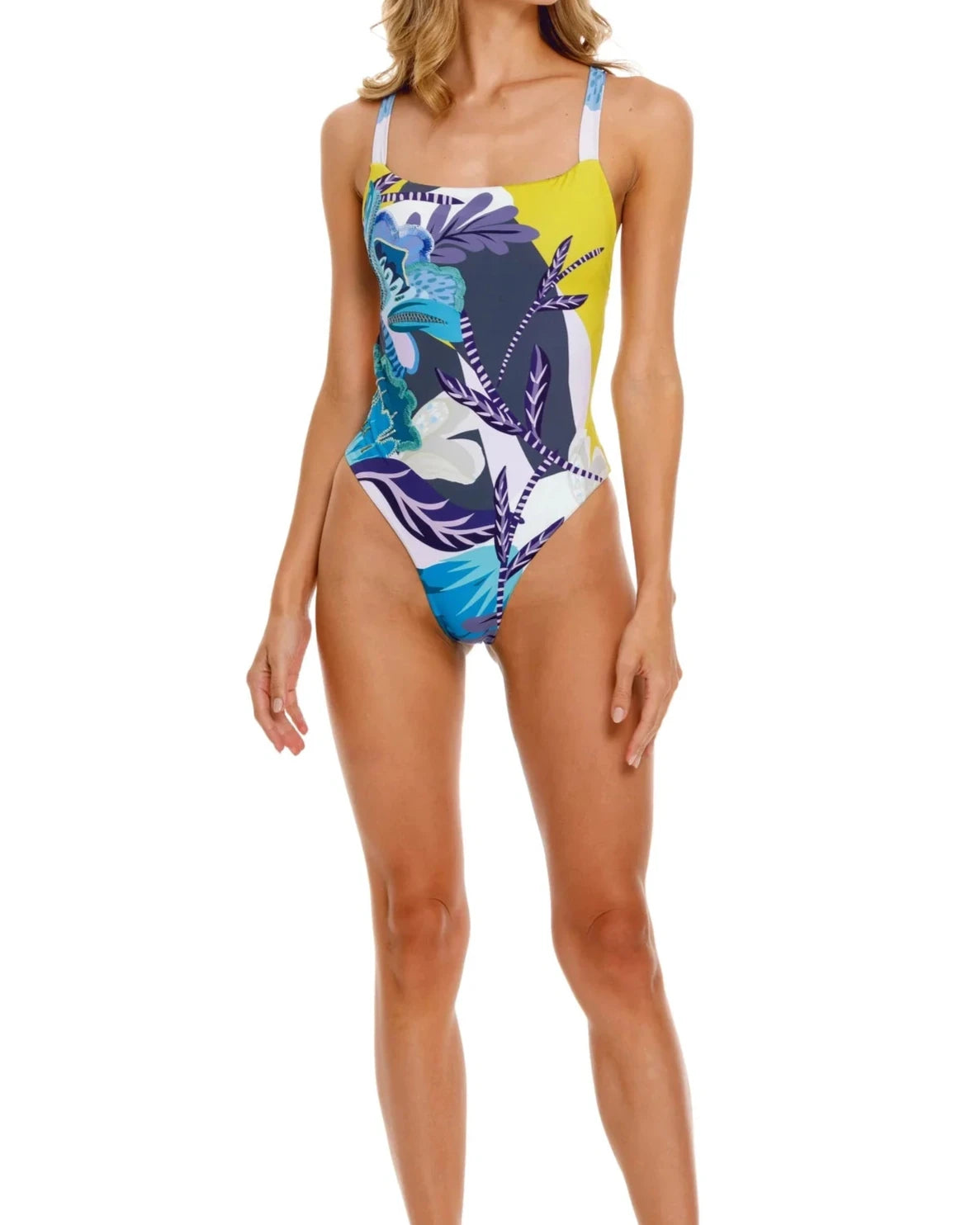 Tropical Bloom One-Piece – Vibrant Square Neck Swimsuit