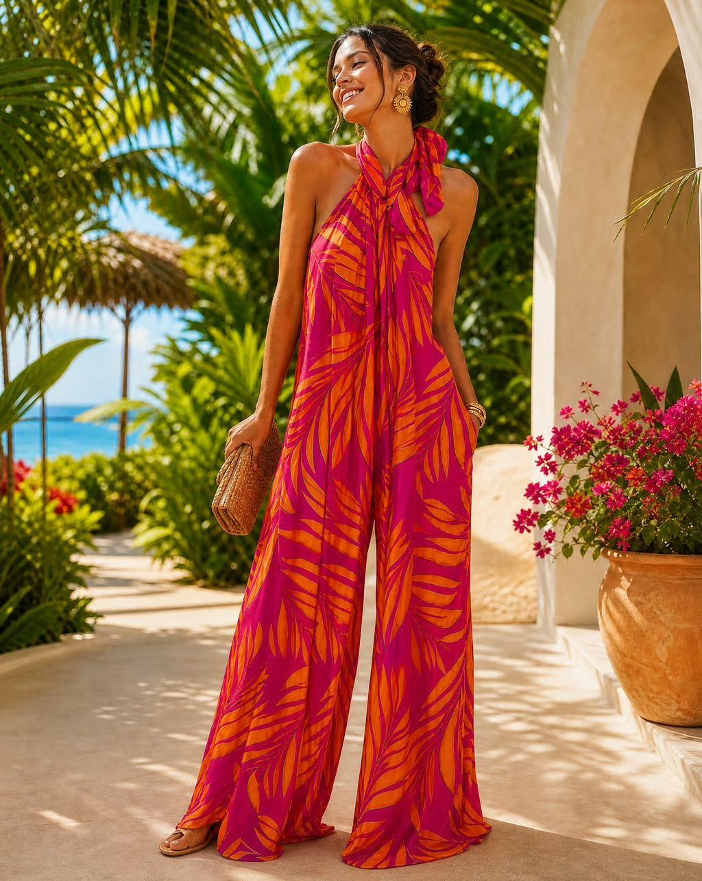 A woman models a bright pink and orange tropical leaf print halter jumpsuit in an outdoor resort setting with palm trees and a beach in the background.