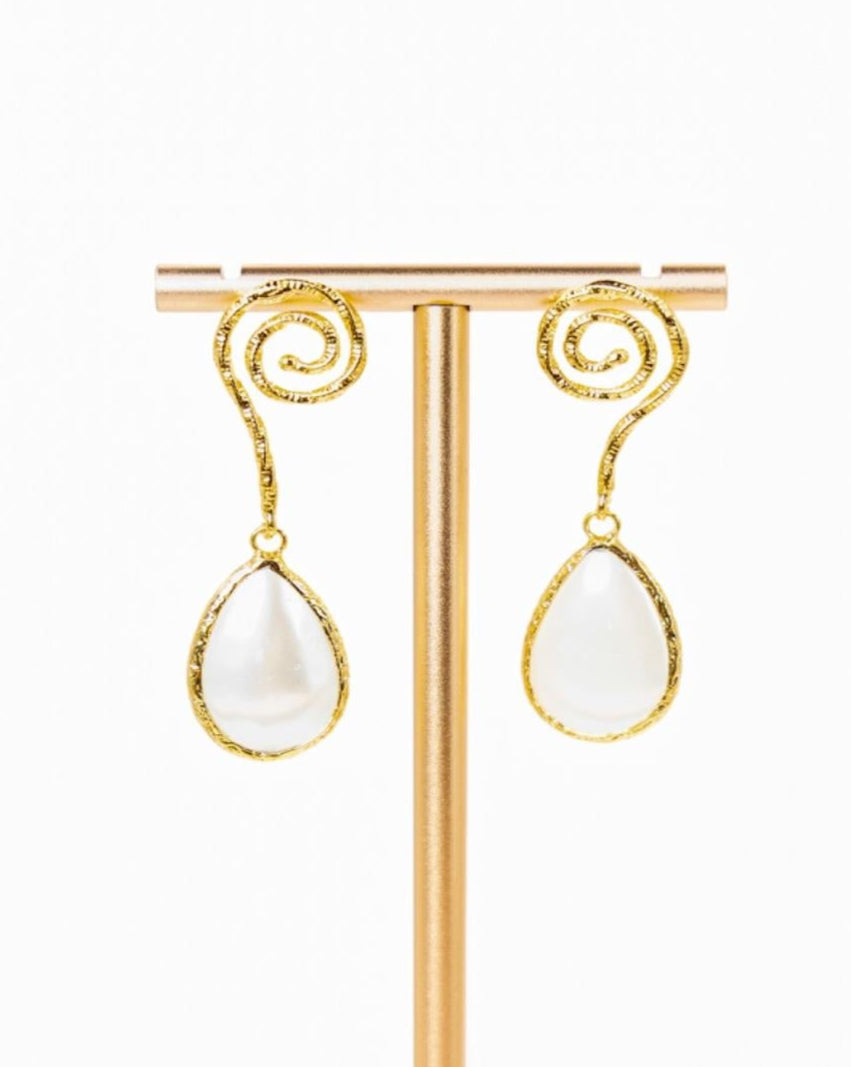 Golden Spiral & Pearl Drop Earrings