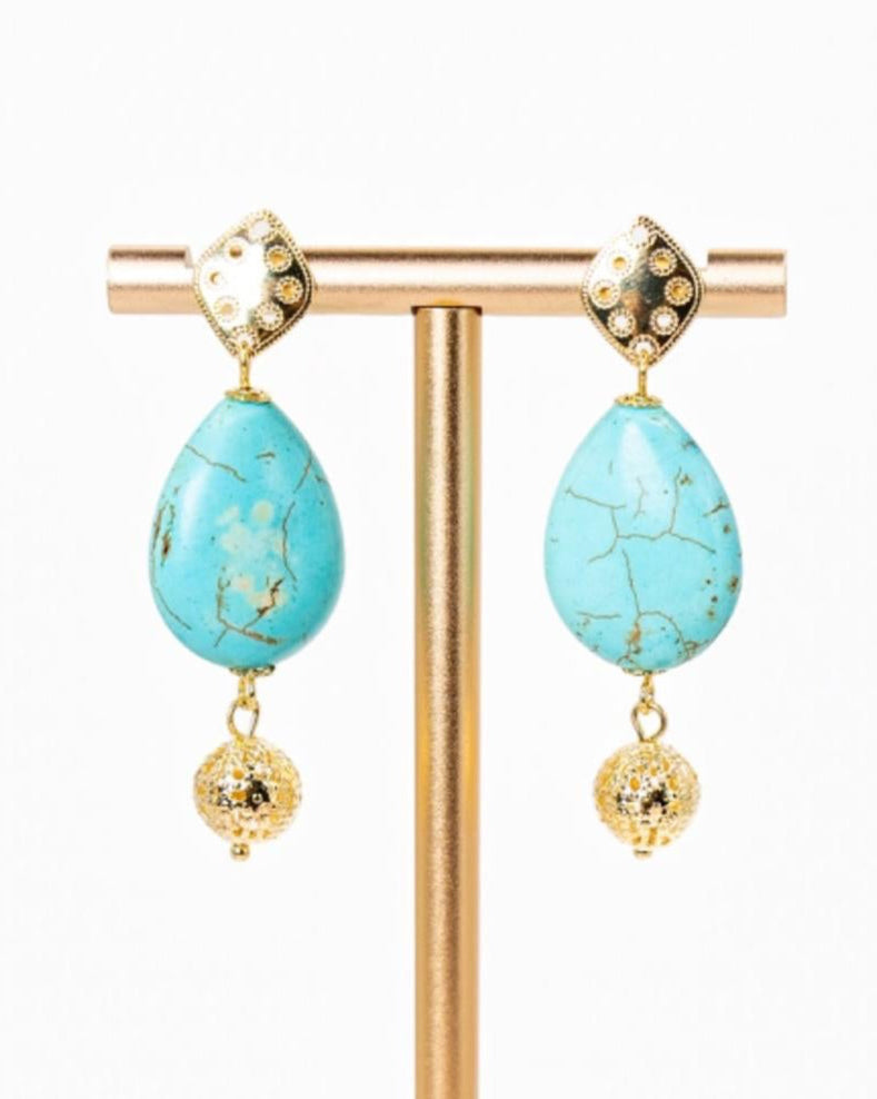 Turquoise & Filigree Gold Dangle Earrings