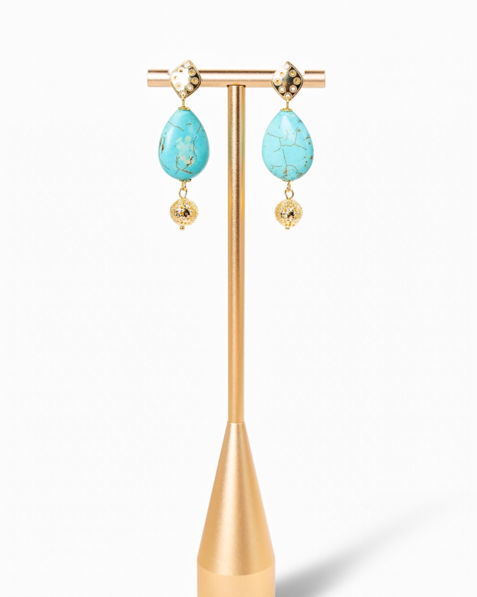 Turquoise & Filigree Gold Dangle Earrings
