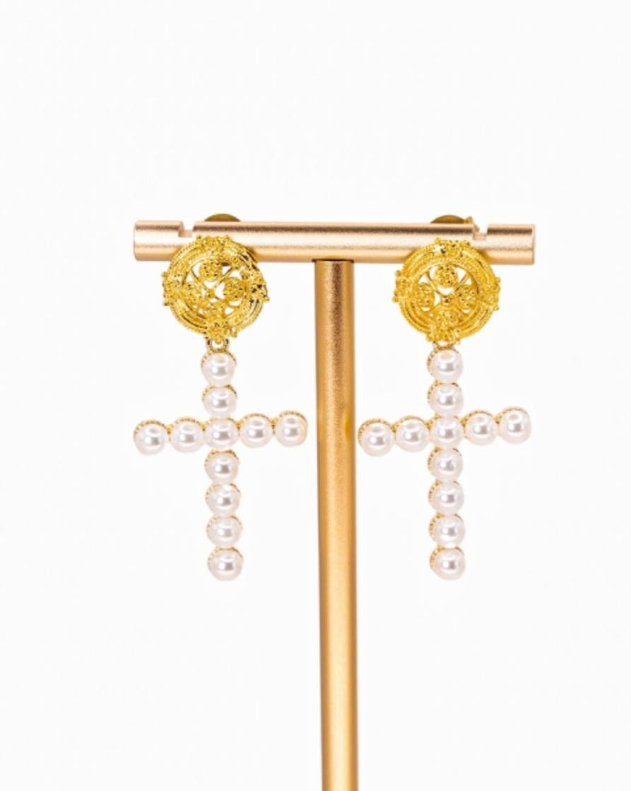Pearl Cross Statement Earrings