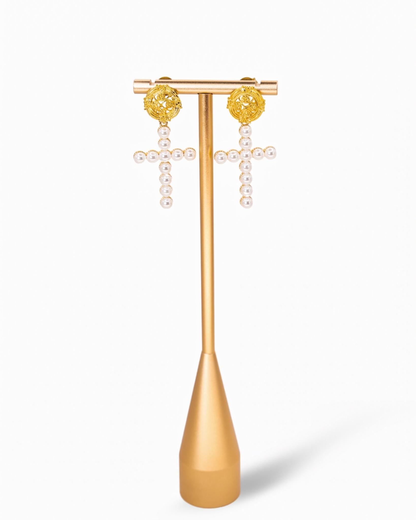 Pearl Cross Statement Earrings