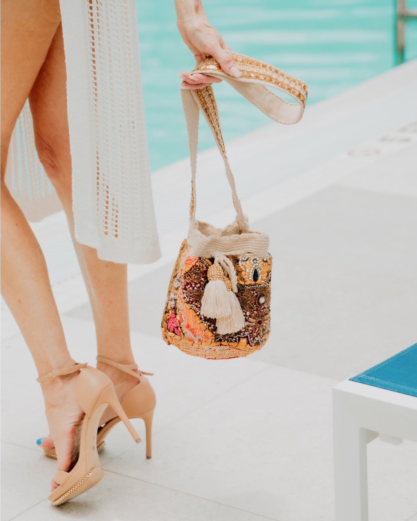 Embroided Bucket Bag- Beige Background