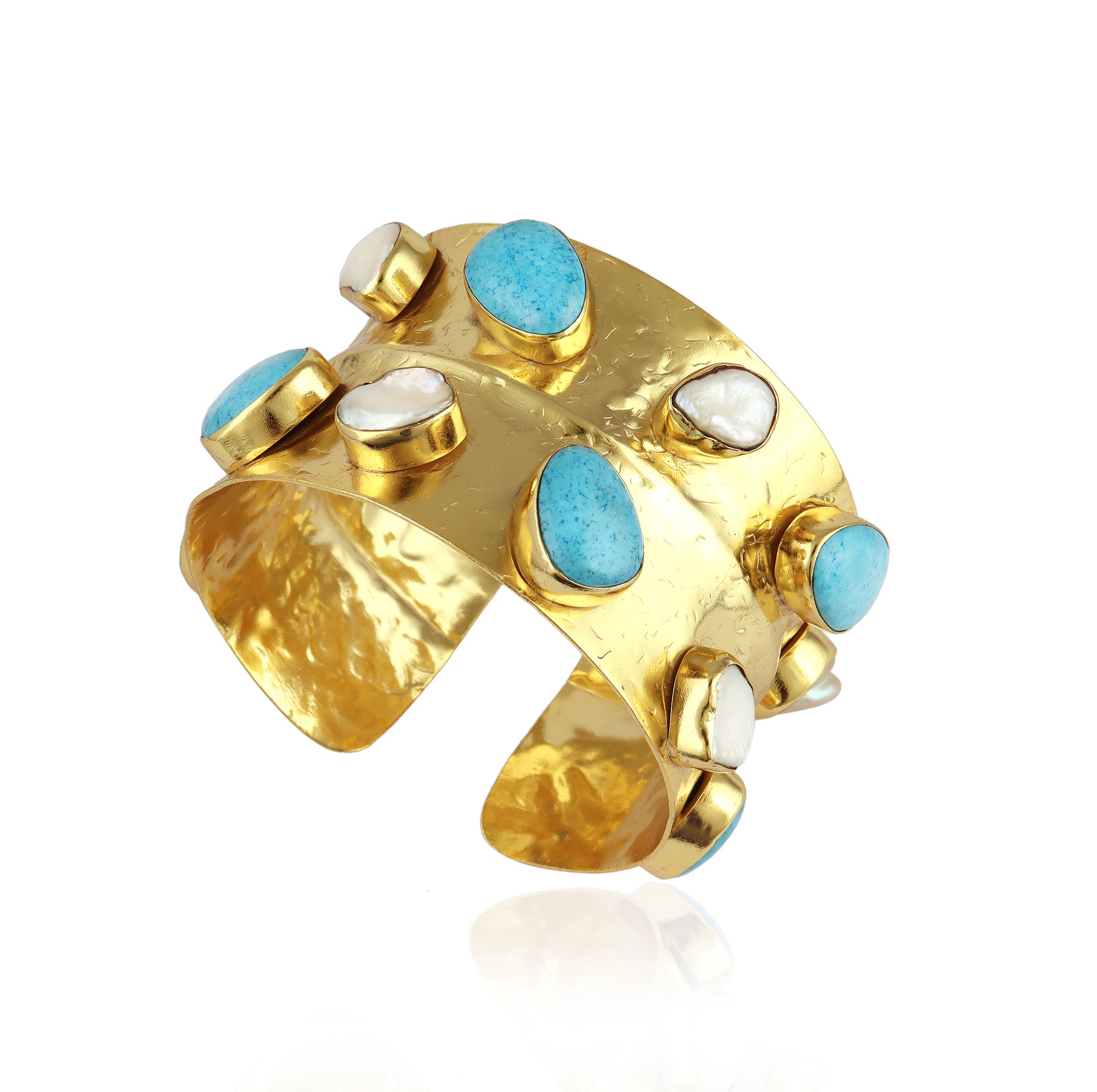 Turquoise &amp; Mother-of-Pearl Double Band Gold Cuff
