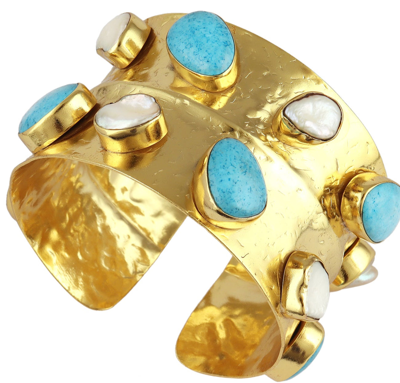Turquoise &amp; Mother-of-Pearl Double Band Gold Cuff